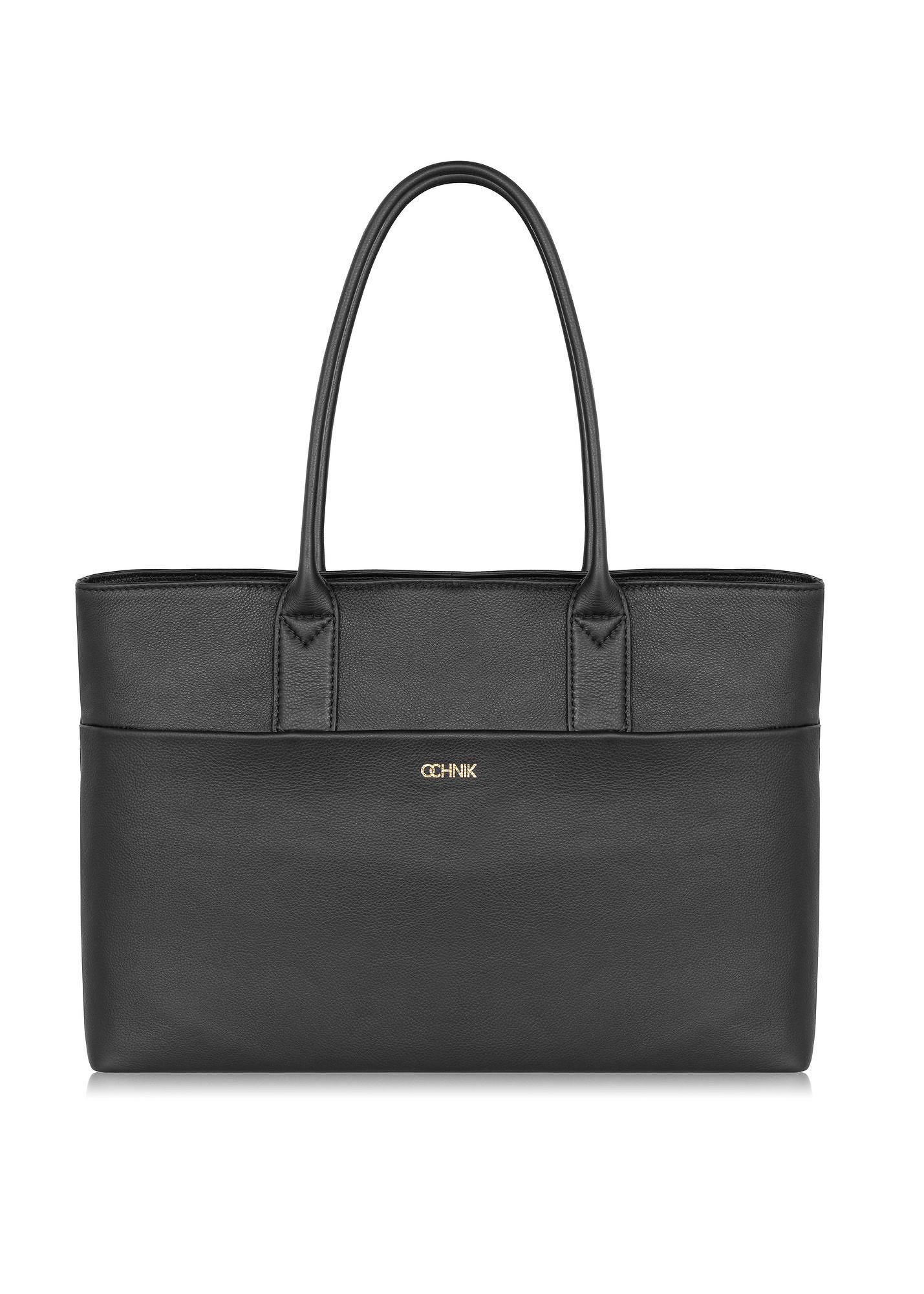 Шкіряна жіноча чорна сумка-шоппер