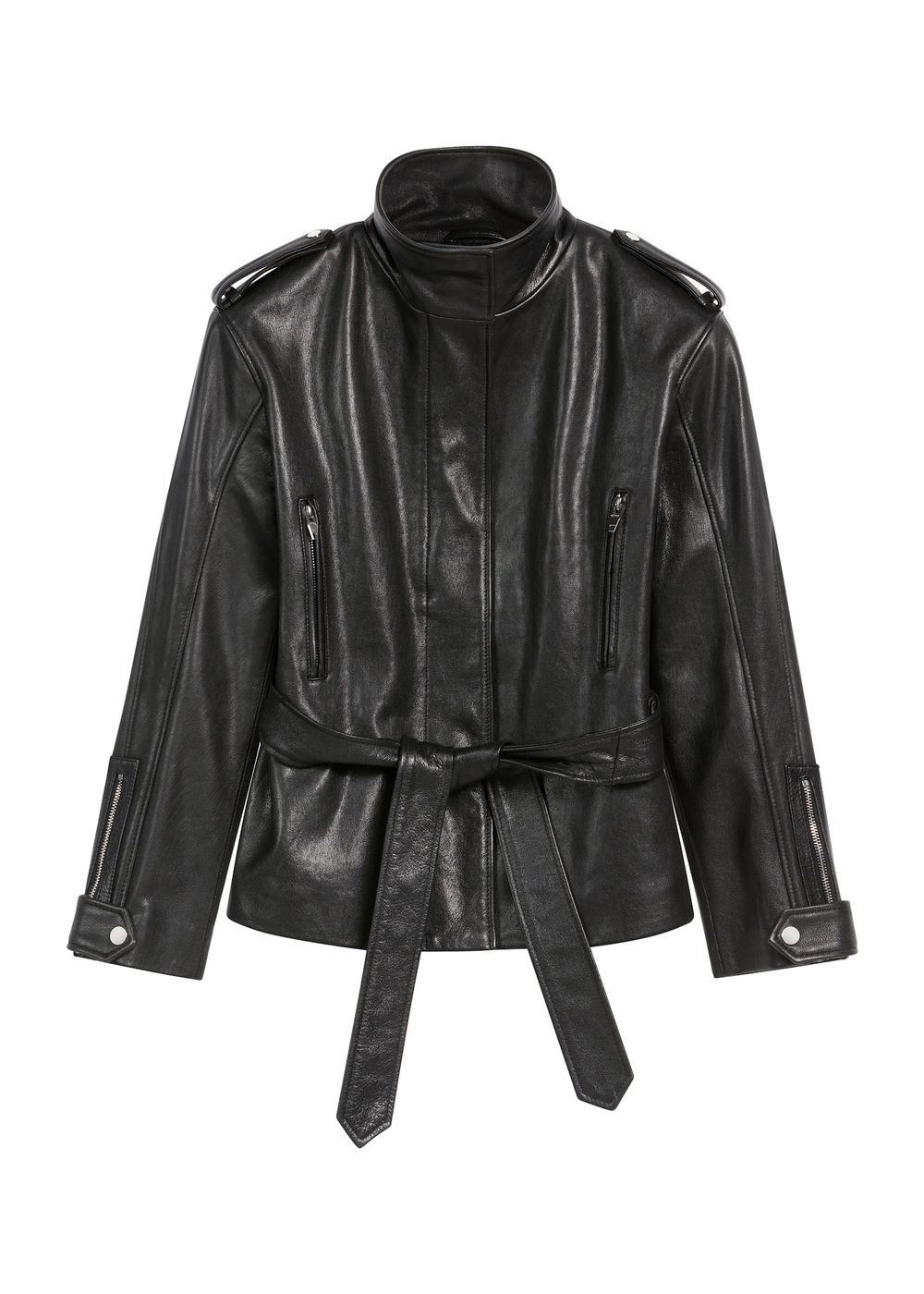 Чорна жіноча шкіряна куртка з ременем KURDS-0564-0756(Z25) | OCHNIK