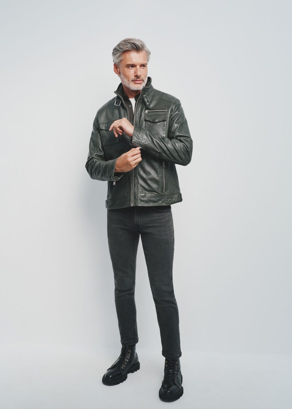 Чоловіча шкіряна куртка кольору хакі KURMS-0349-2798(Z24) | OCHNIK