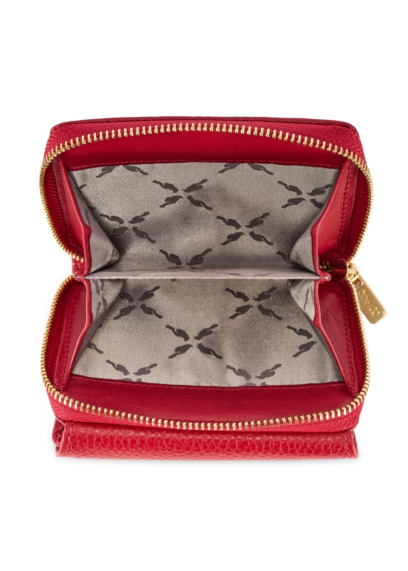 Маленький червоний шкіряний жіночий гаманець PORES-0802R-4B(W26), вигляд товару всередині на білому тлі.