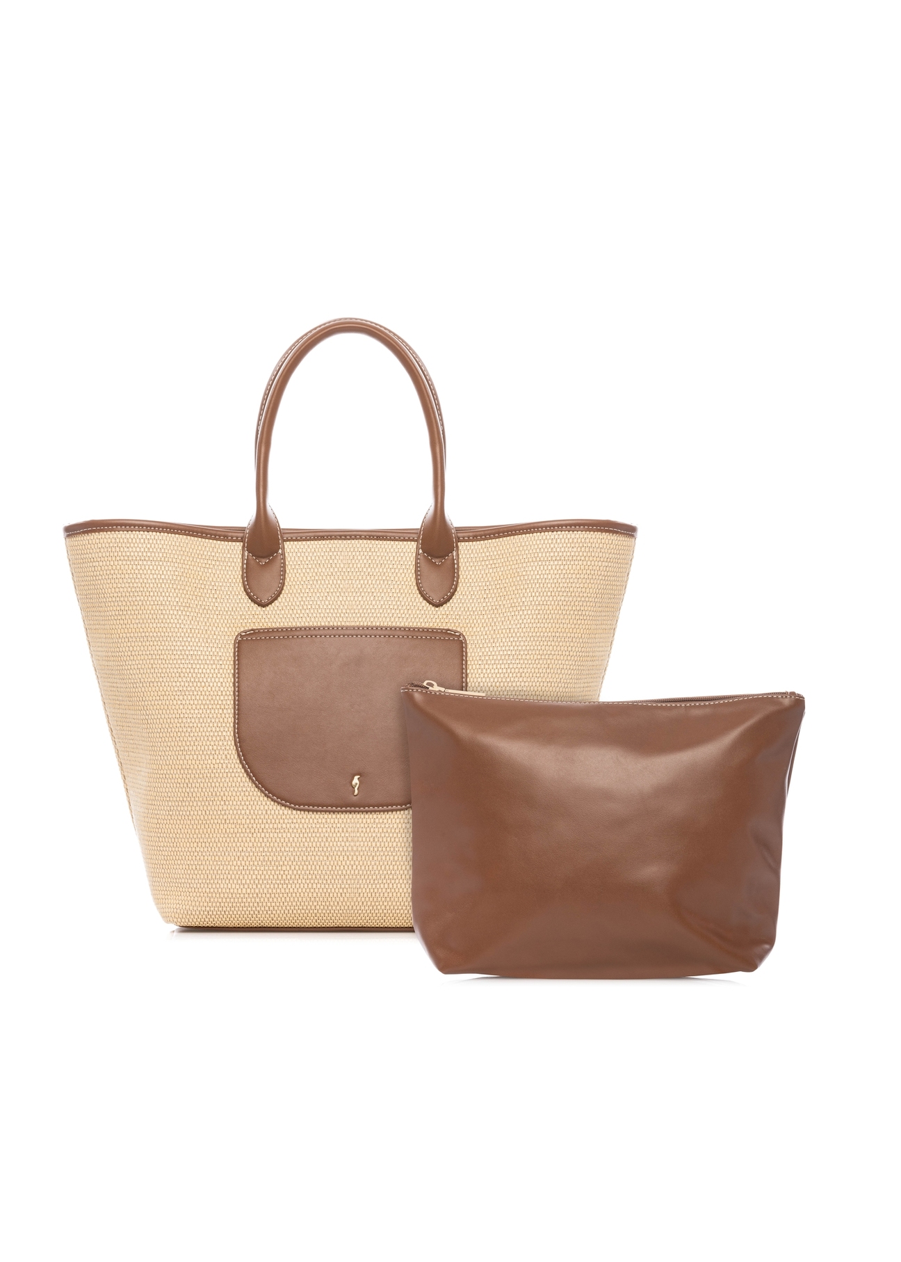 Велика жіноча солом'яна сумка TOREC-1229-1E(W26), вигляд виробу спереду з косметички, на білому тлі.