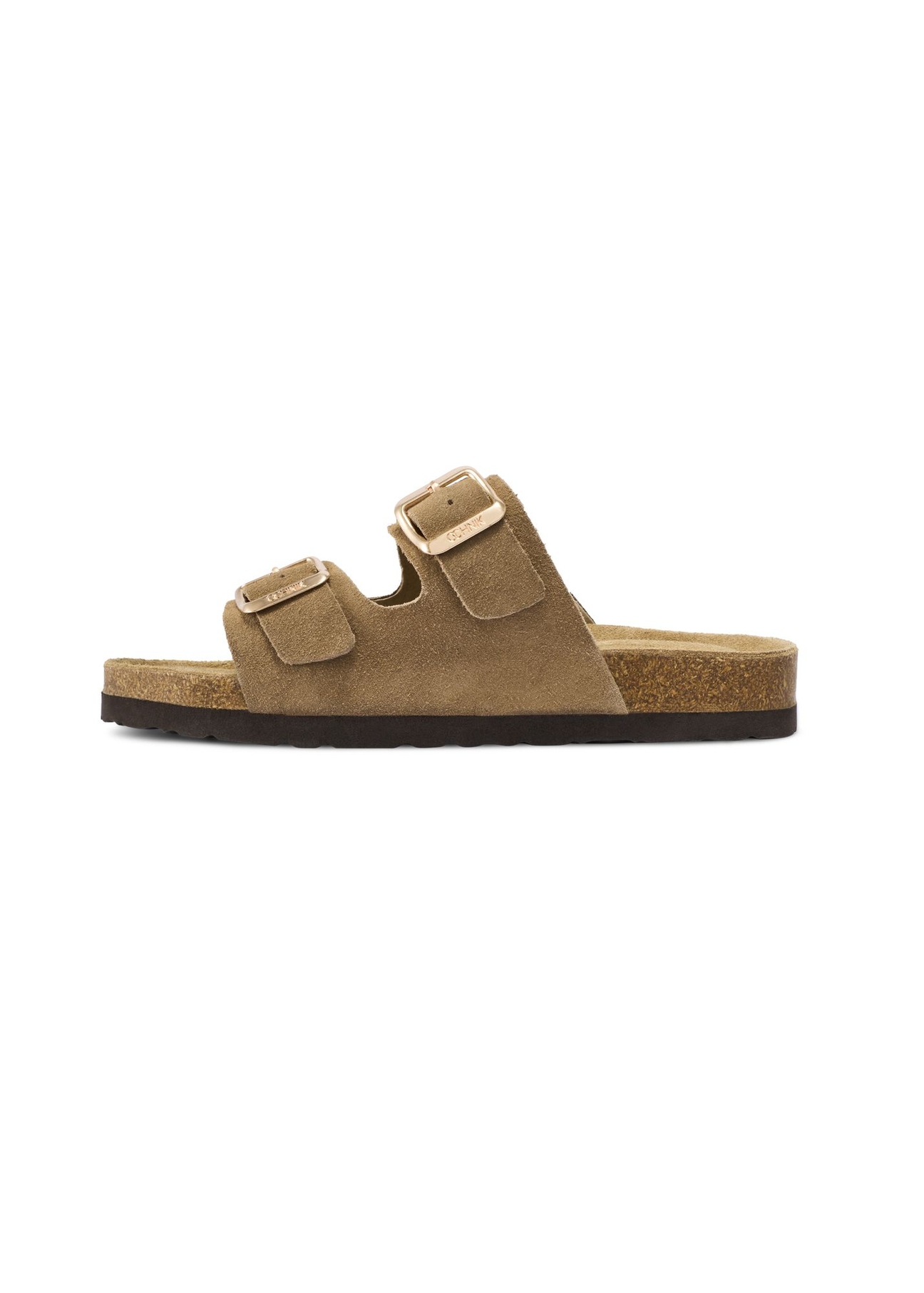 Жіночі шкіряні шльопанці холодного бежевого кольору BUTYD-1158-1K(W26), вигляд виробу збоку на білому фоні.