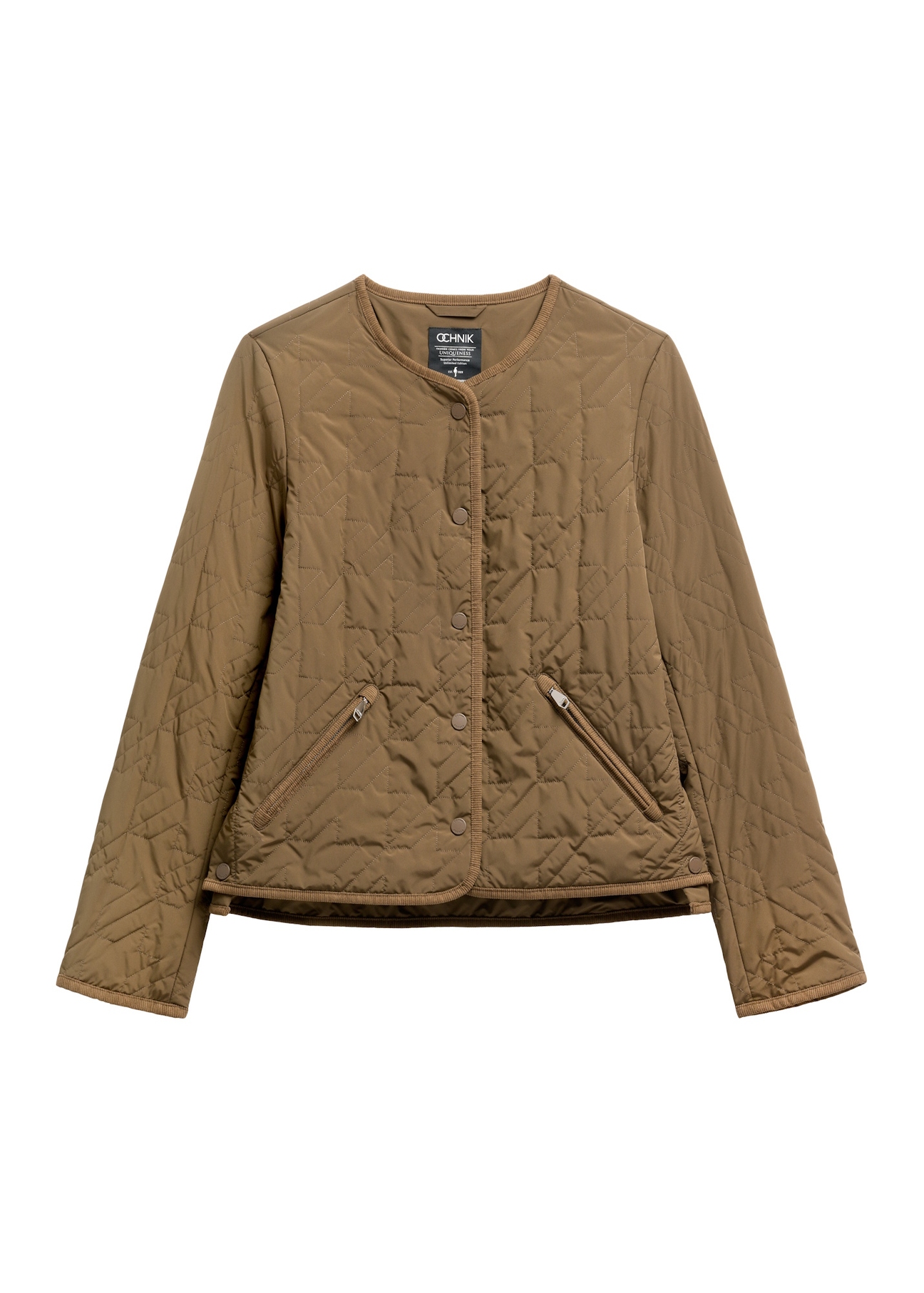 Коричнева жіноча стьобана куртка KURDT-0620-1H(W26), вигляд виробу спереду на білому тлі.