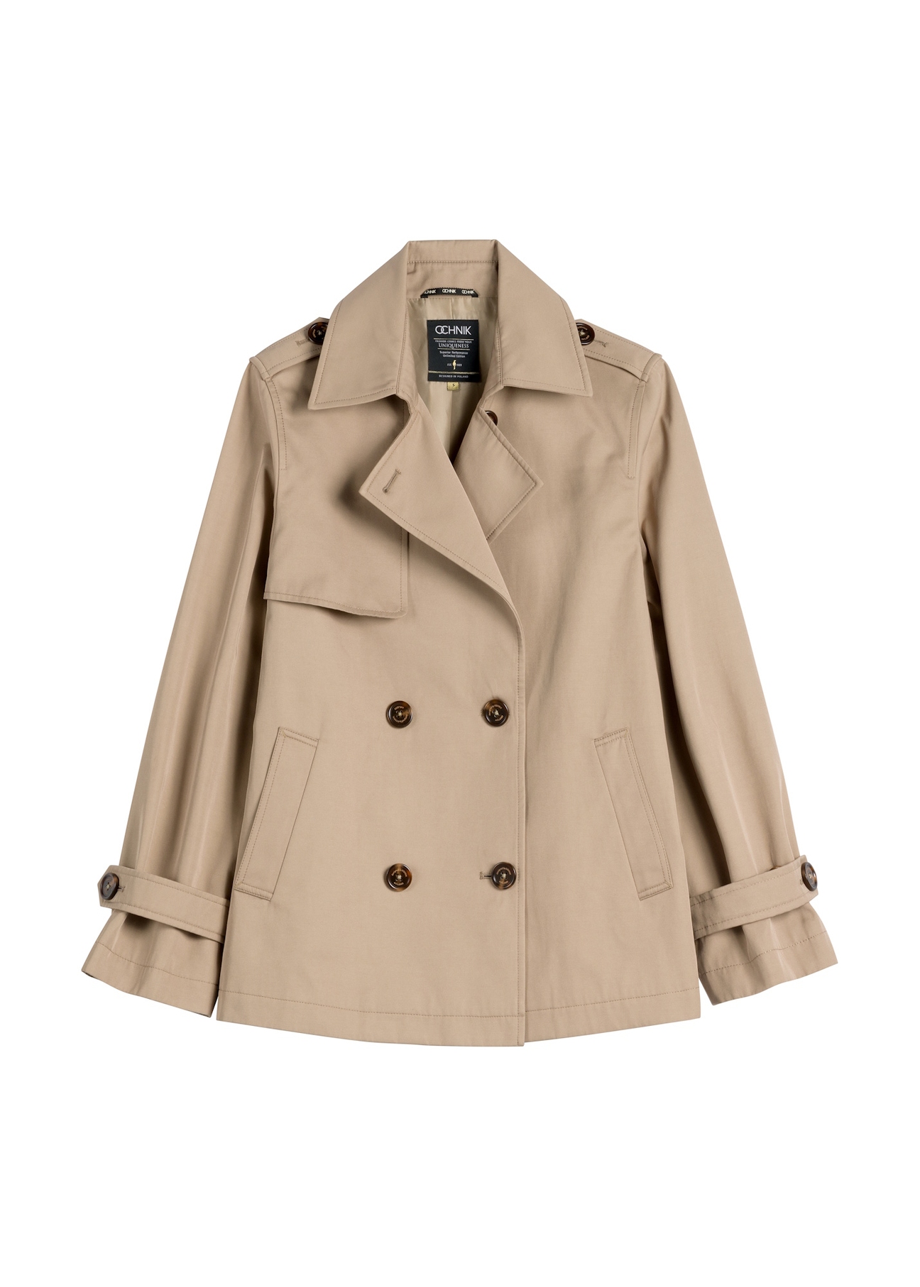 Бежева жіноча коротка куртка KURDT-0556-1C(W26), вигляд виробу спереду на білому тлі.