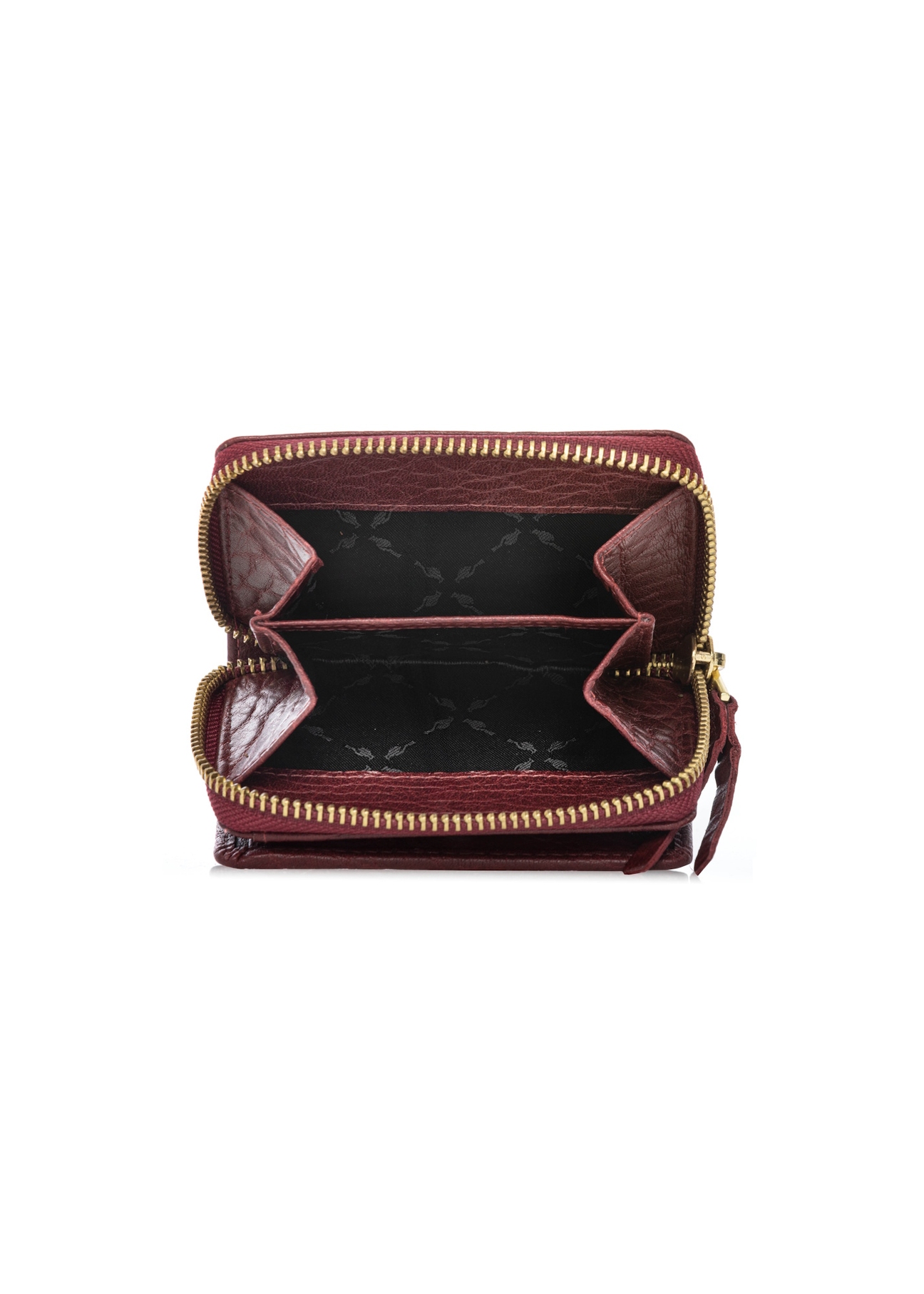 Маленький червоний шкіряний жіночий гаманець PORES-0815-4C(W26), вигляд товару всередині на білому тлі.