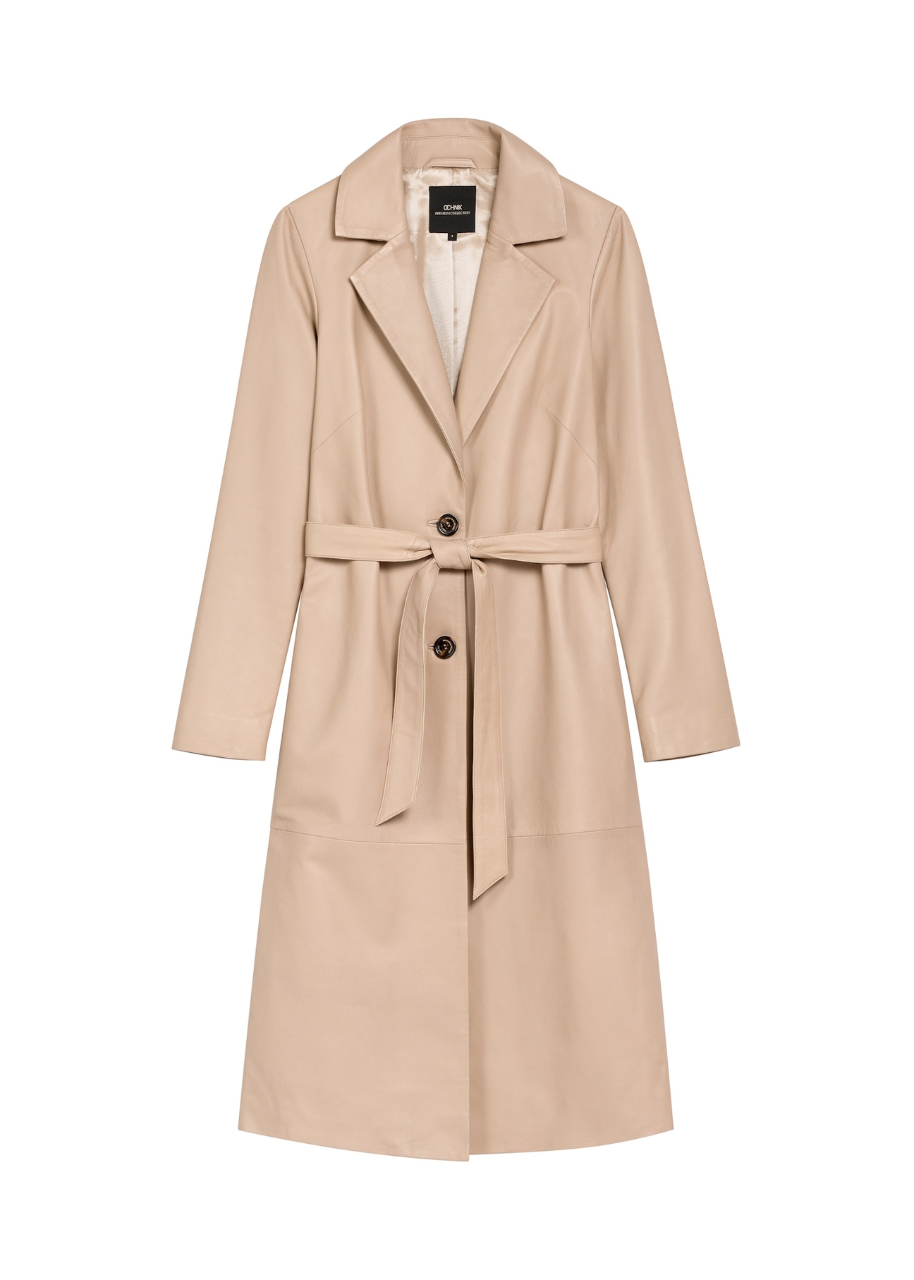 Бежеве жіноче шкіряне пальто KURDS-0613-1B(W26), вигляд виробу спереду на білому фоні.