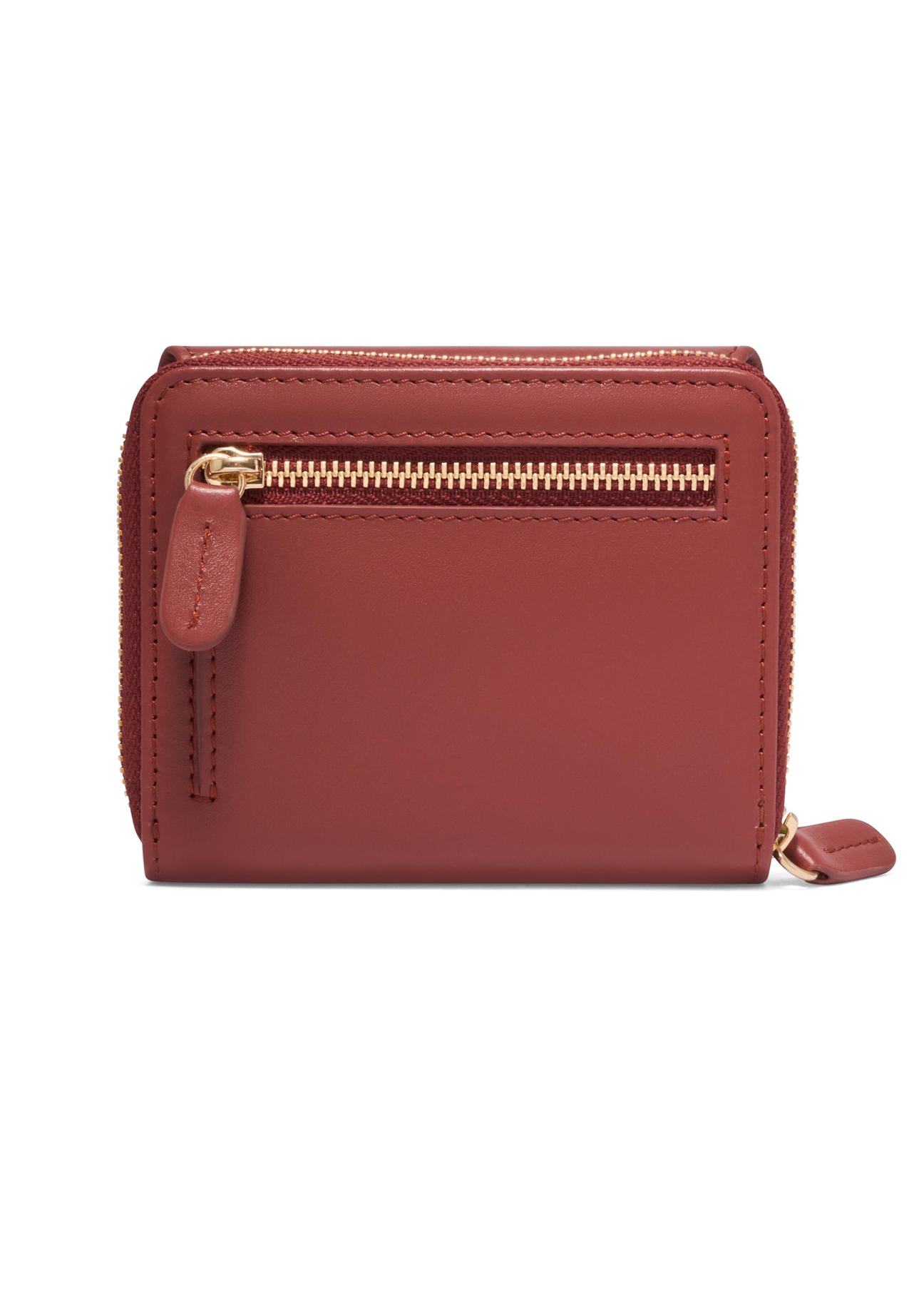 Маленький жіночий шкіряний гаманець рудого кольору PORES-1025-3D(Z26), вигляд виробу зі зворотного боку на білому фоні.