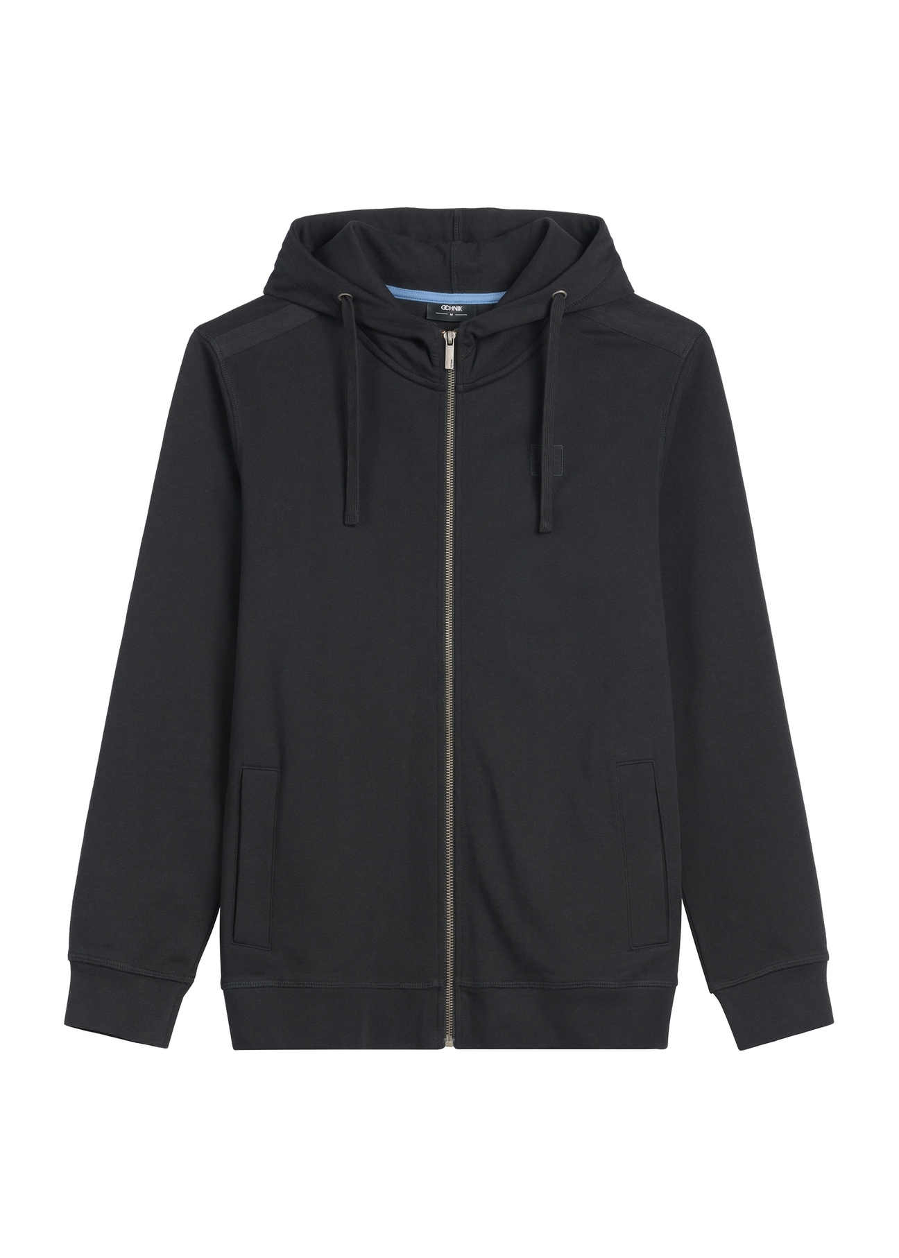 Чоловіча чорна толстовка на блискавці BLZMT-0078-99(W26), вигляд виробу спереду на білому тлі.