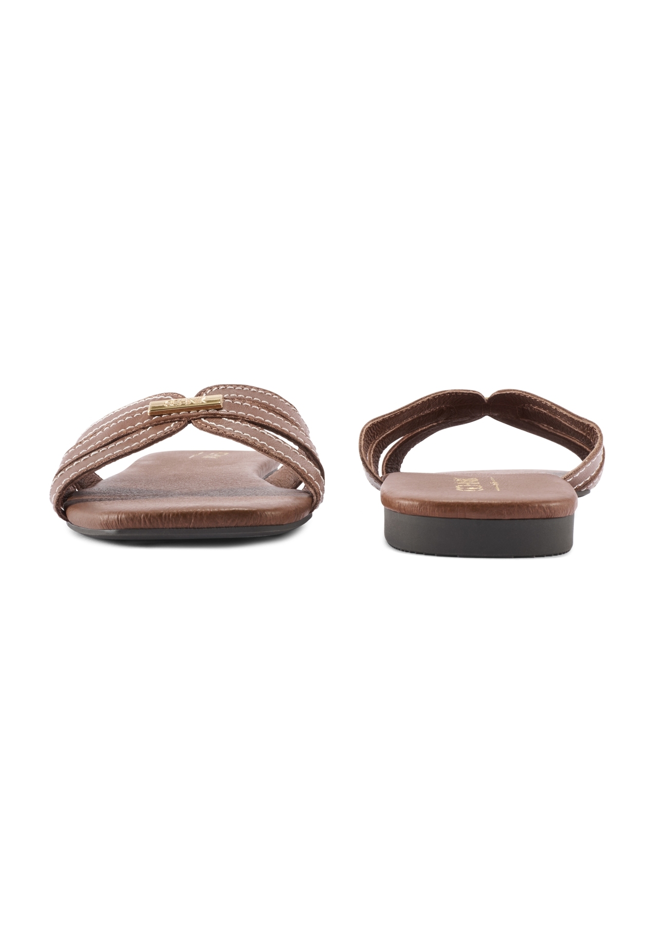 Жіночі шльопанці кольору верблюжої шкіри з прострочкою BUTYD-1223-1D(W26), вигляд виробу спереду та ззаду на білому фоні.