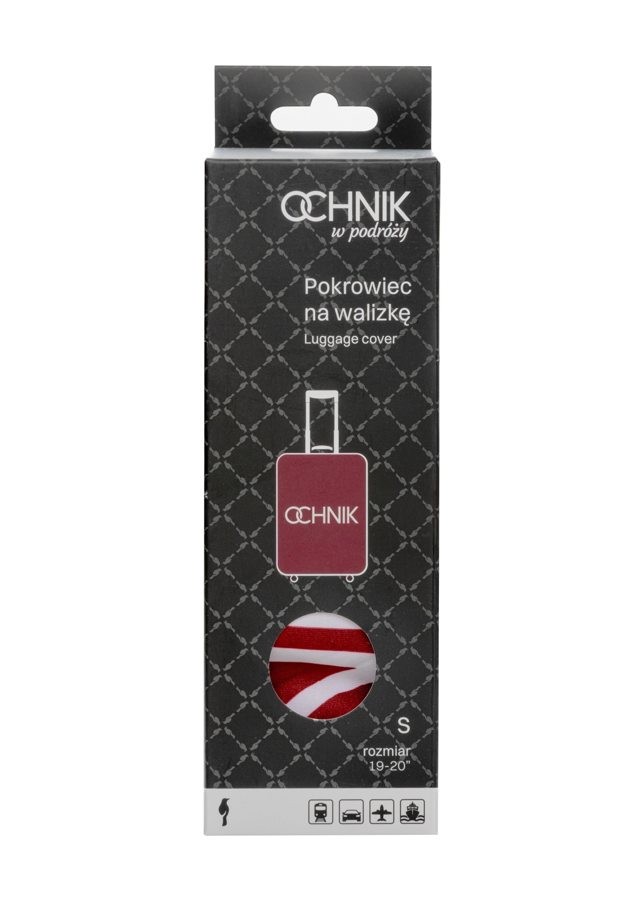 Червоний чохол для невеликої валізи з логотипом AW-013-0002-4B-S(W26), вигляд продукту в упаковці на білому фоні.