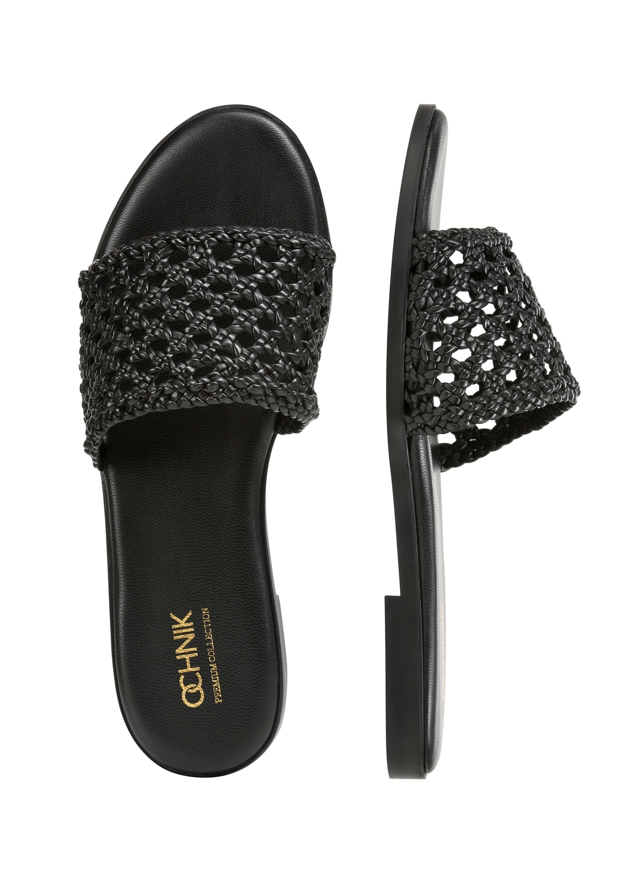 Жіночі чорні плетені шльопанці BUTYD-1253-99(W26), вигляд виробу зверху на білому фоні.