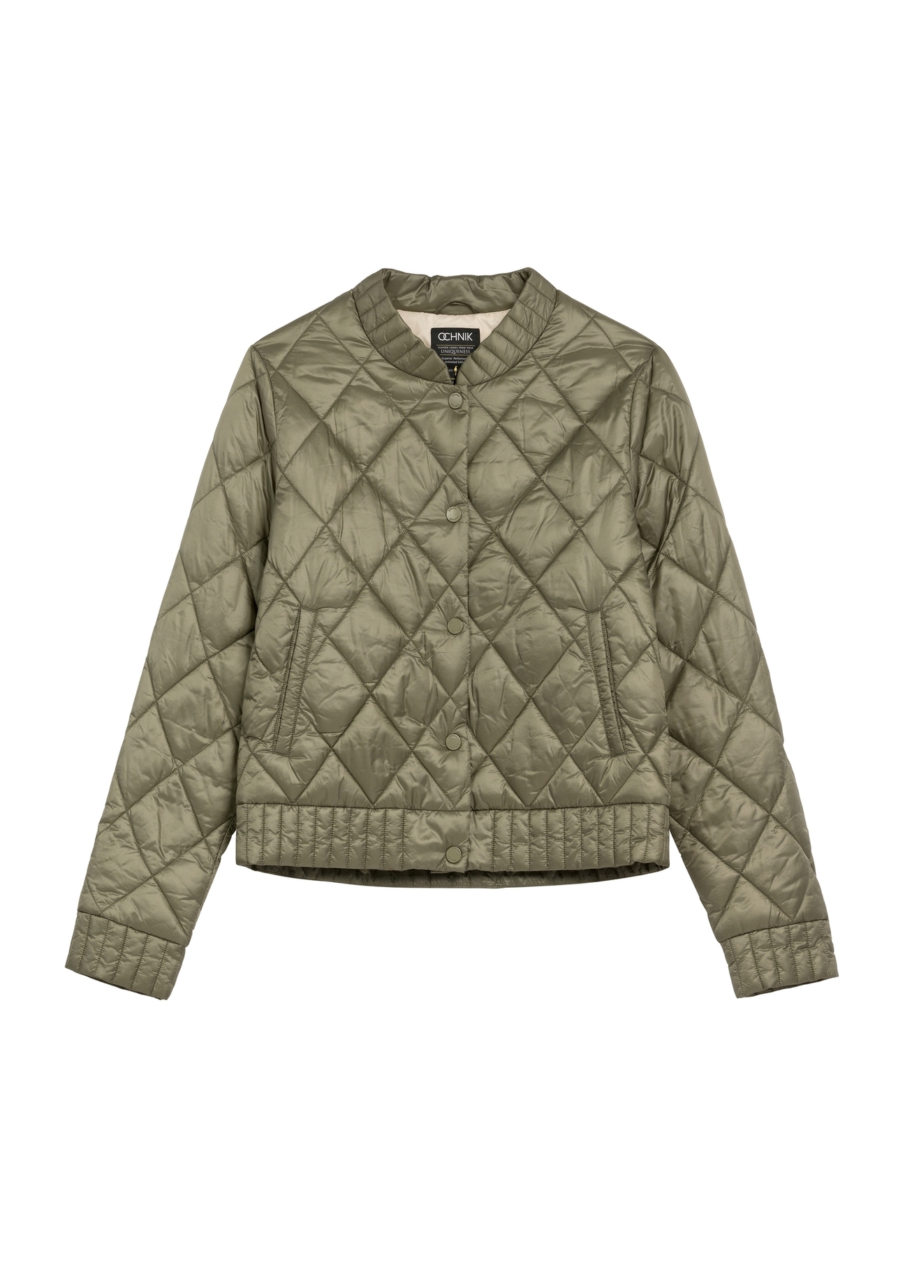 Жіноча перехідна куртка кольору хакі KURDT-0564A-55(W26), вигляд виробу спереду на білому тлі.