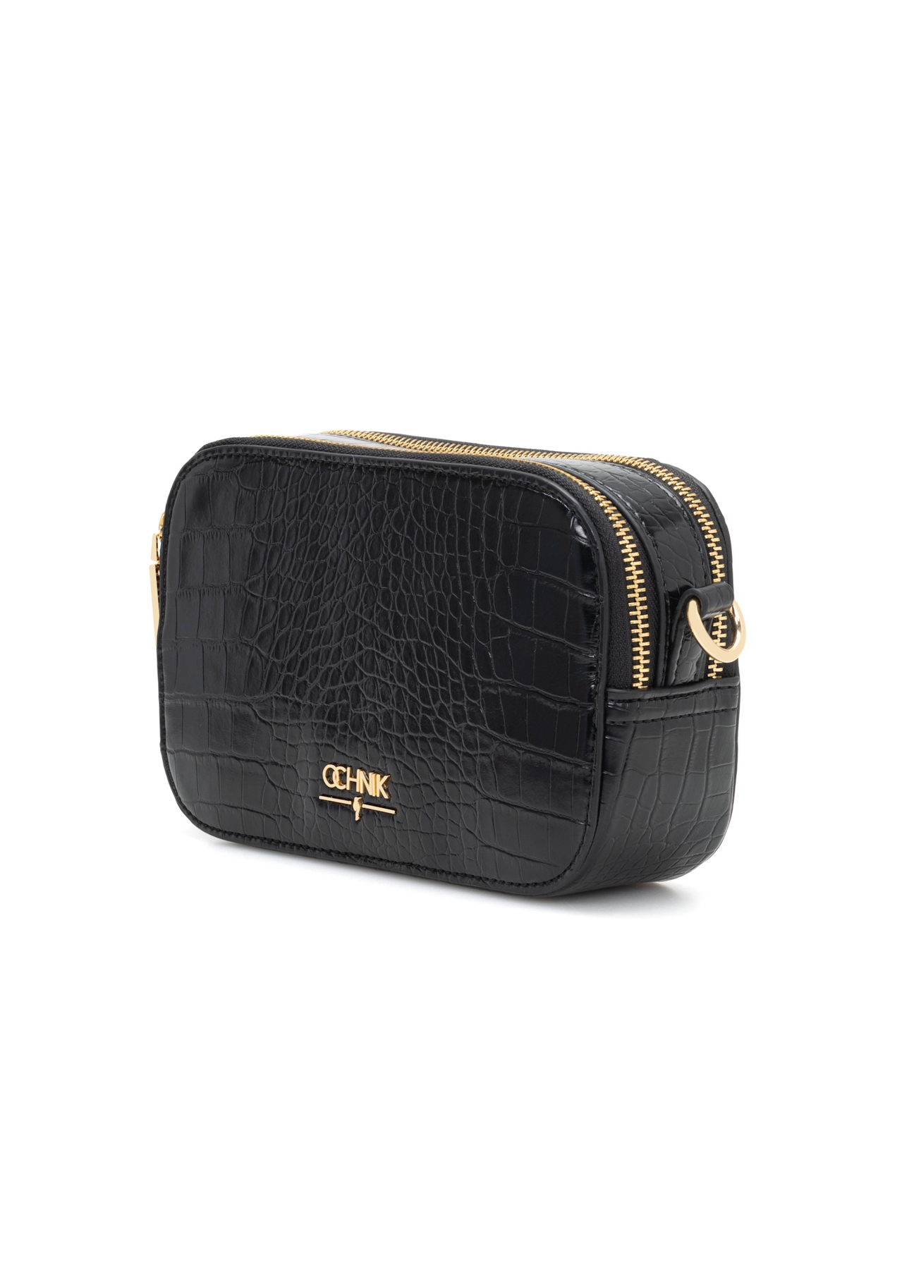 Чорна маленька жіноча сумочка з крокодилової шкіри TOREC-1172-9G(W26), діагональний вигляд виробу на білому фоні.