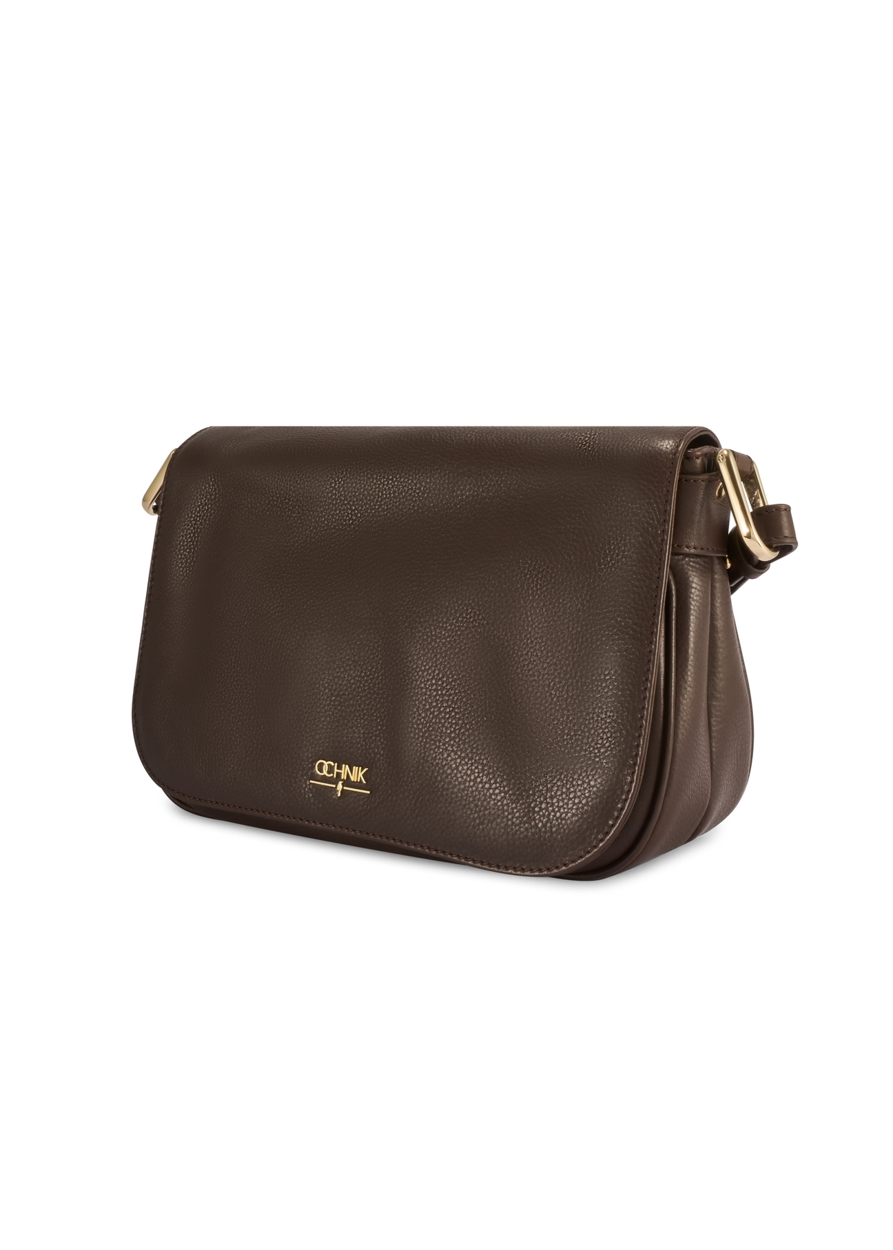 Коричнева шкіряна жіноча сумка-месенджер TORES-1253-1I(W26), діагональний вигляд виробу на білому тлі.