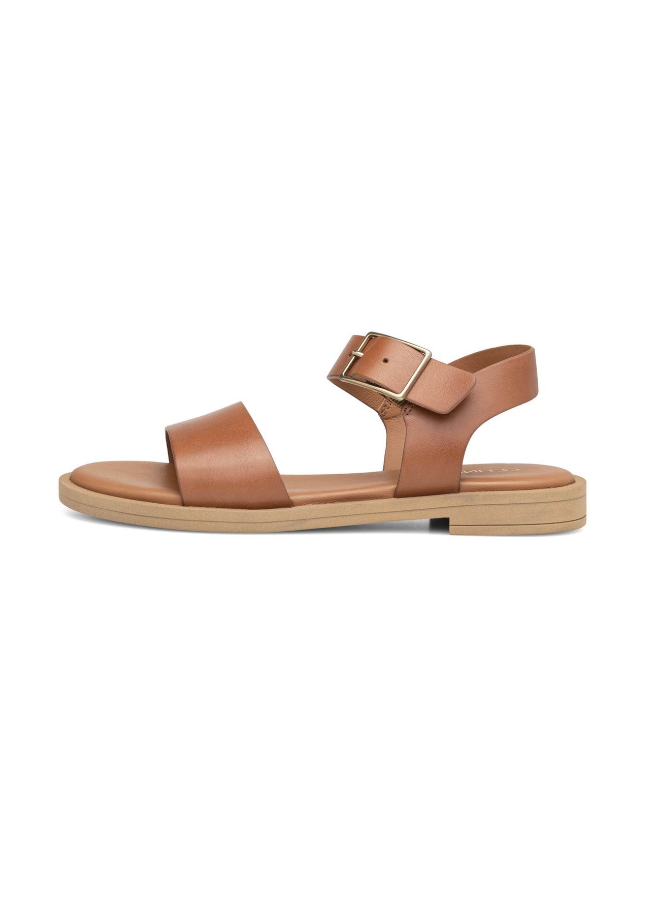 Жіночі шкіряні сандалі коньячного кольору BUTYD-1263-1F(W26), вигляд виробу збоку на білому фоні.