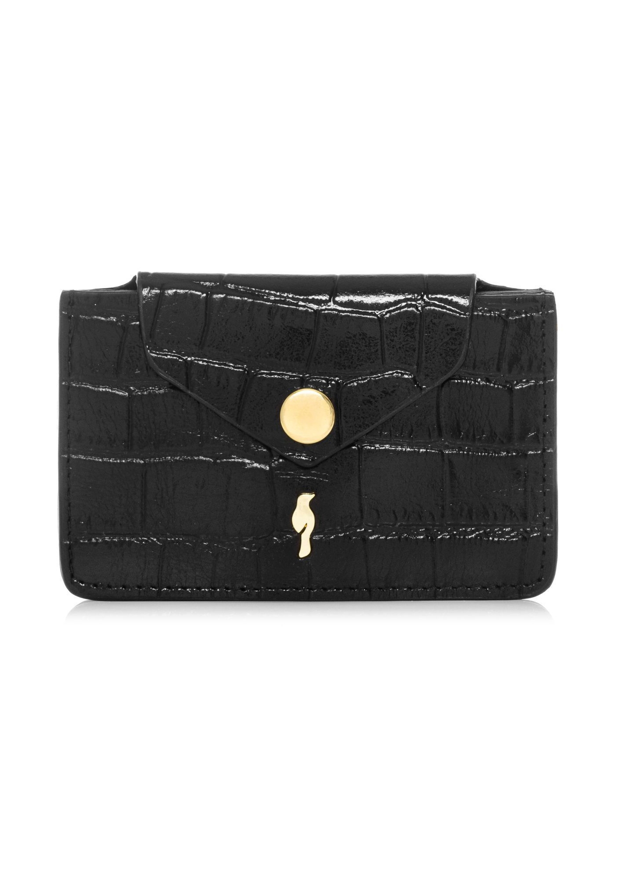 Маленький чорний шкіряний жіночий гаманець PORES-0890-9G(W26), вигляд виробу спереду на білому тлі.