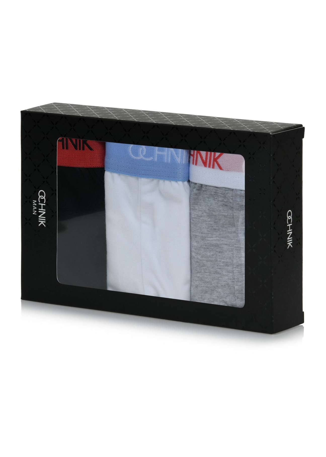 Набір із трьох яскравих чоловічих трусів ZESMS-0002-00(W26), вигляд виробу в упаковці на білому фоні.