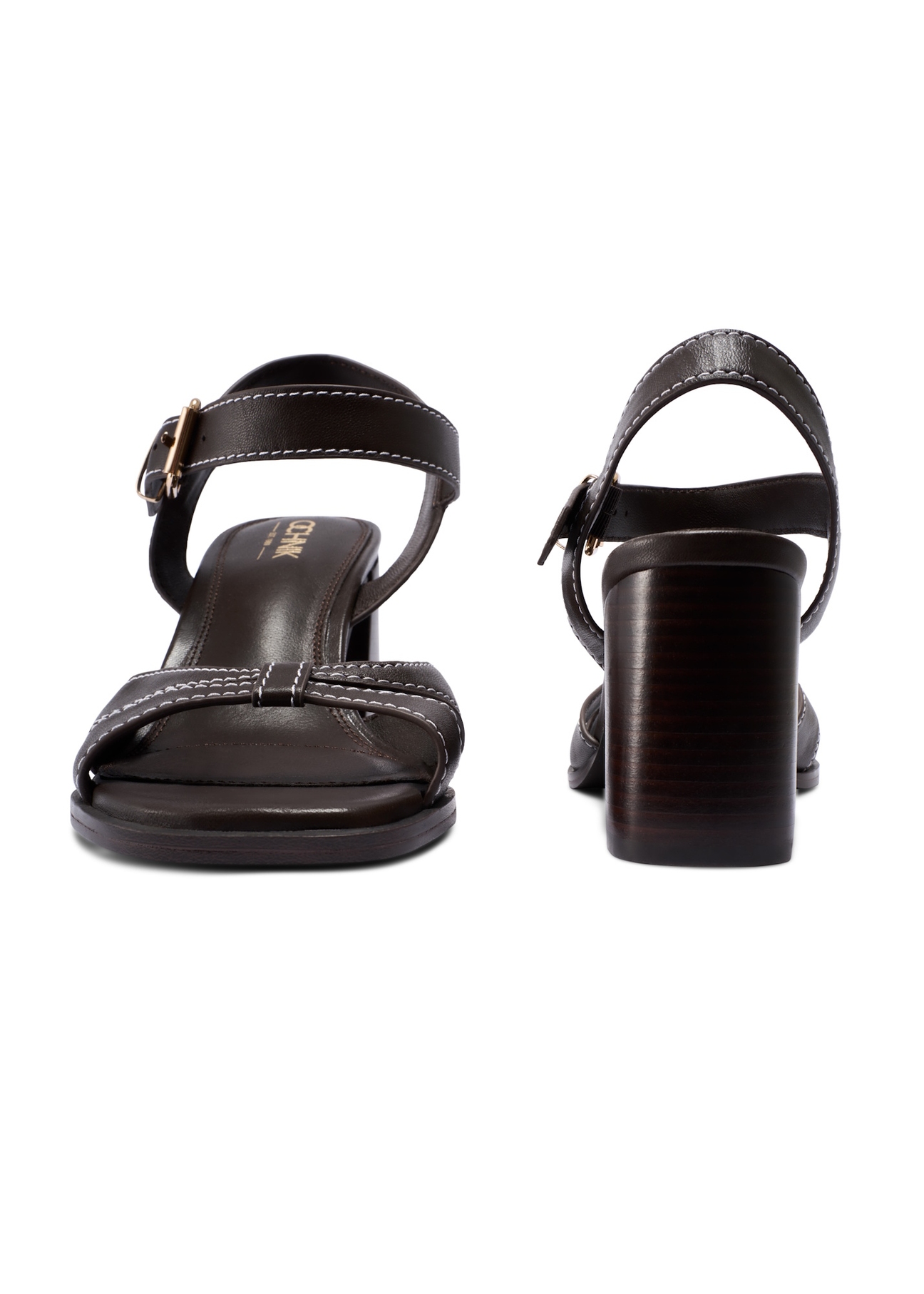 Темно-коричневі шкіряні босоніжки на блочному каблуці BUTYD-1232-1I(W26), вигляд виробу спереду та ззаду на білому тлі.