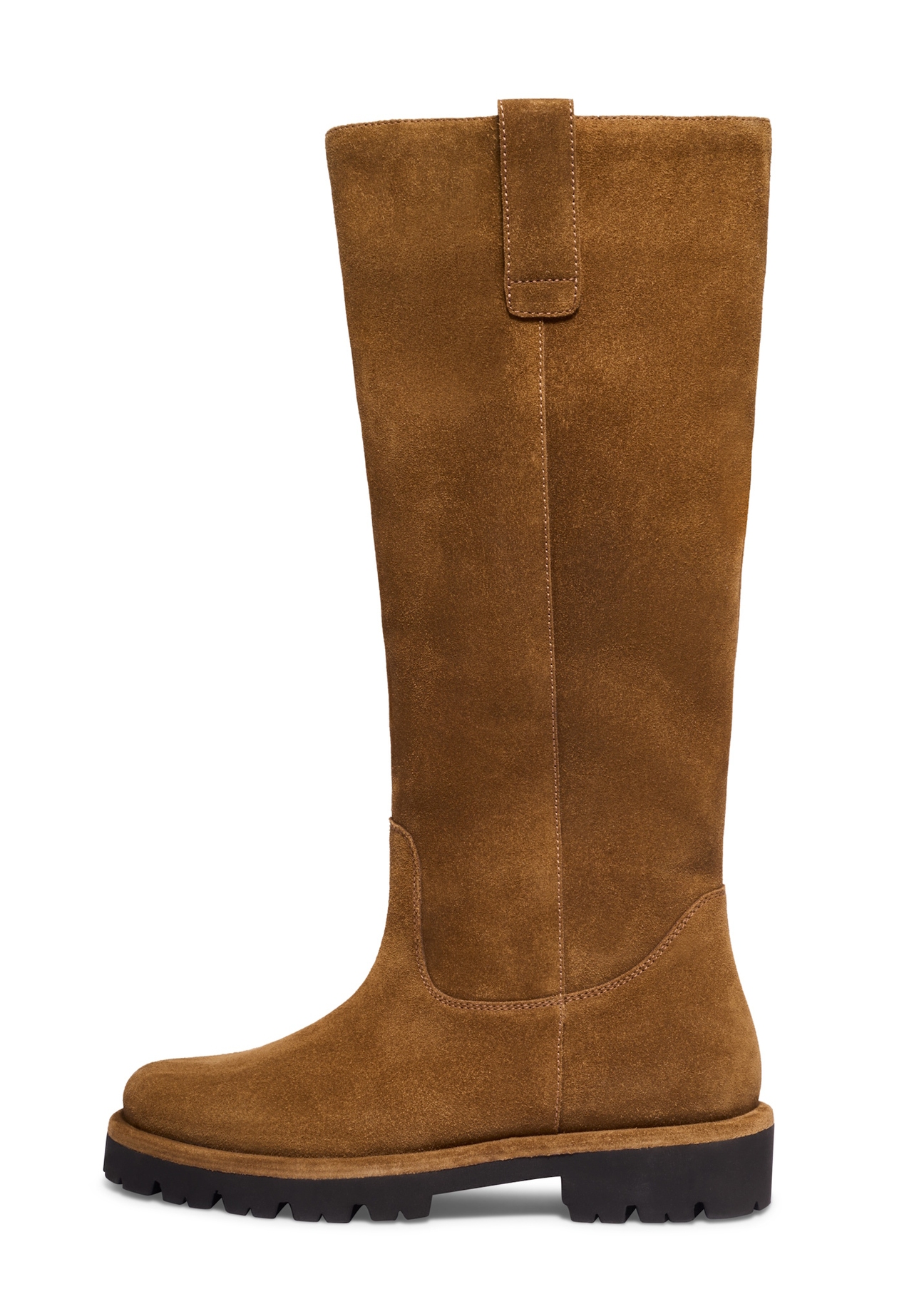 Жіночі замшеві чоботи коньячного кольору BUTYD-1357-1F(Z26), вигляд виробу збоку на білому фоні.