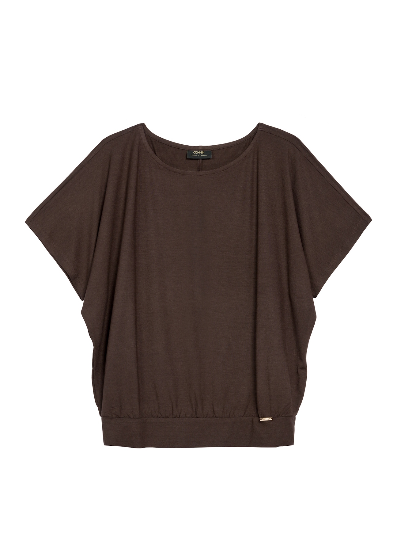 Коричнева жіноча блузка з манжетою BLUDT-0170-1I(W26), вигляд виробу спереду на білому тлі.