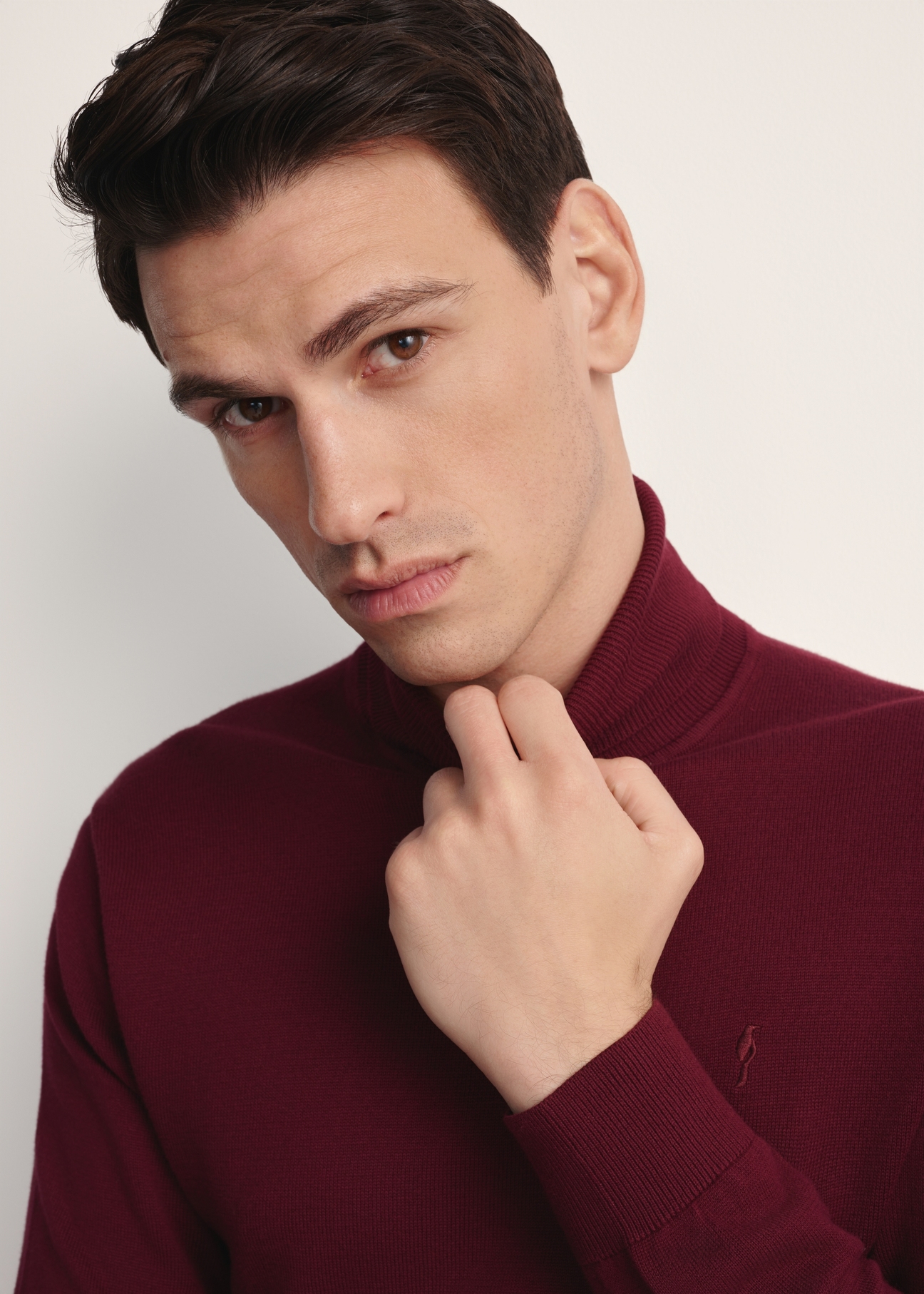 Бордовий чоловічий светр з високим коміром SWEMT-0095B-49(Z25), крупний план виробу на моделі.