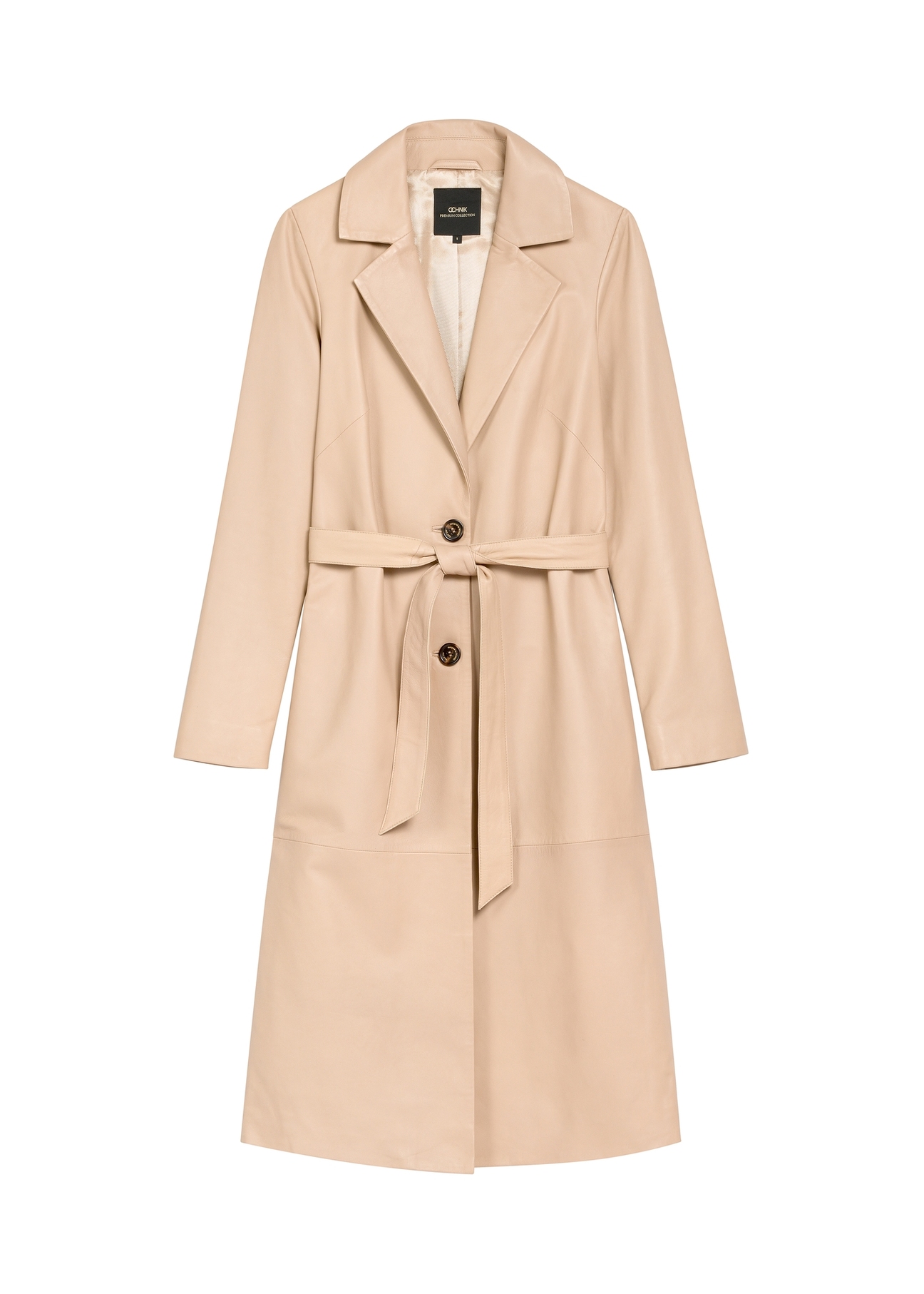 Бежеве жіноче шкіряне пальто KURDS-0613-1B(W26), вигляд виробу спереду на білому фоні.