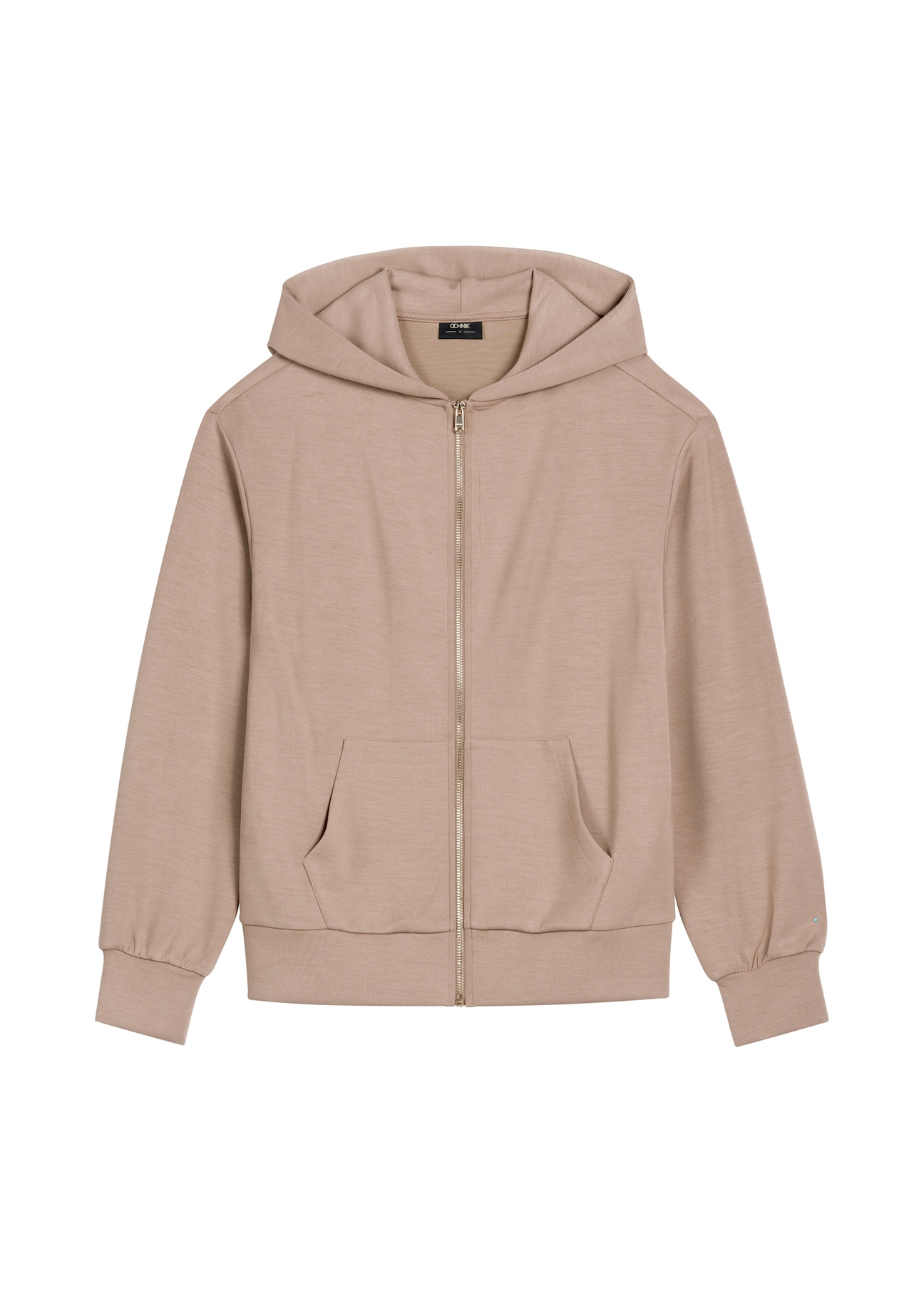 Жіноча толстовка на блискавці кольору верблюжого каменю BLZDT-0108 A-1D(W26), вигляд спереду на білому тлі.