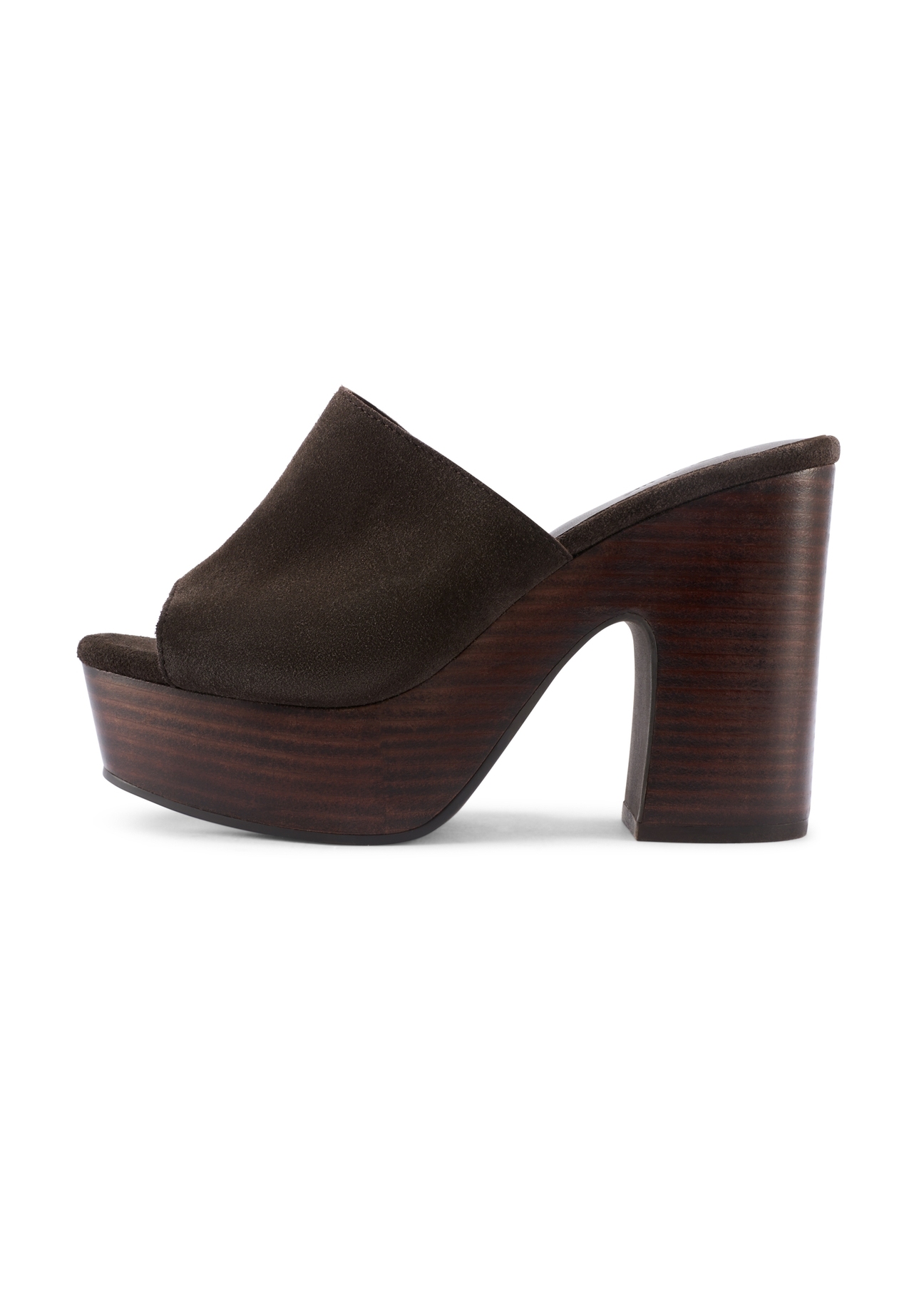 Темно-коричневі шкіряні жіночі мюлі на блочному каблуці BUTYD-1275-1I(W26), вигляд виробу збоку на білому фоні.