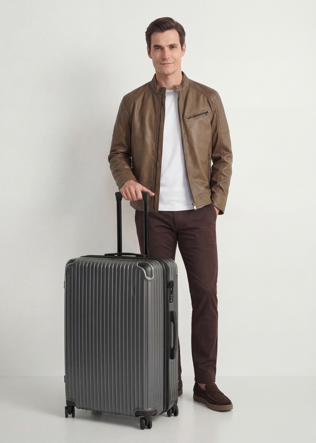 Велика валіза на колесах WALAB-0073-9C-28(W26), діагональний вигляд виробу поруч із силуетом моделі.