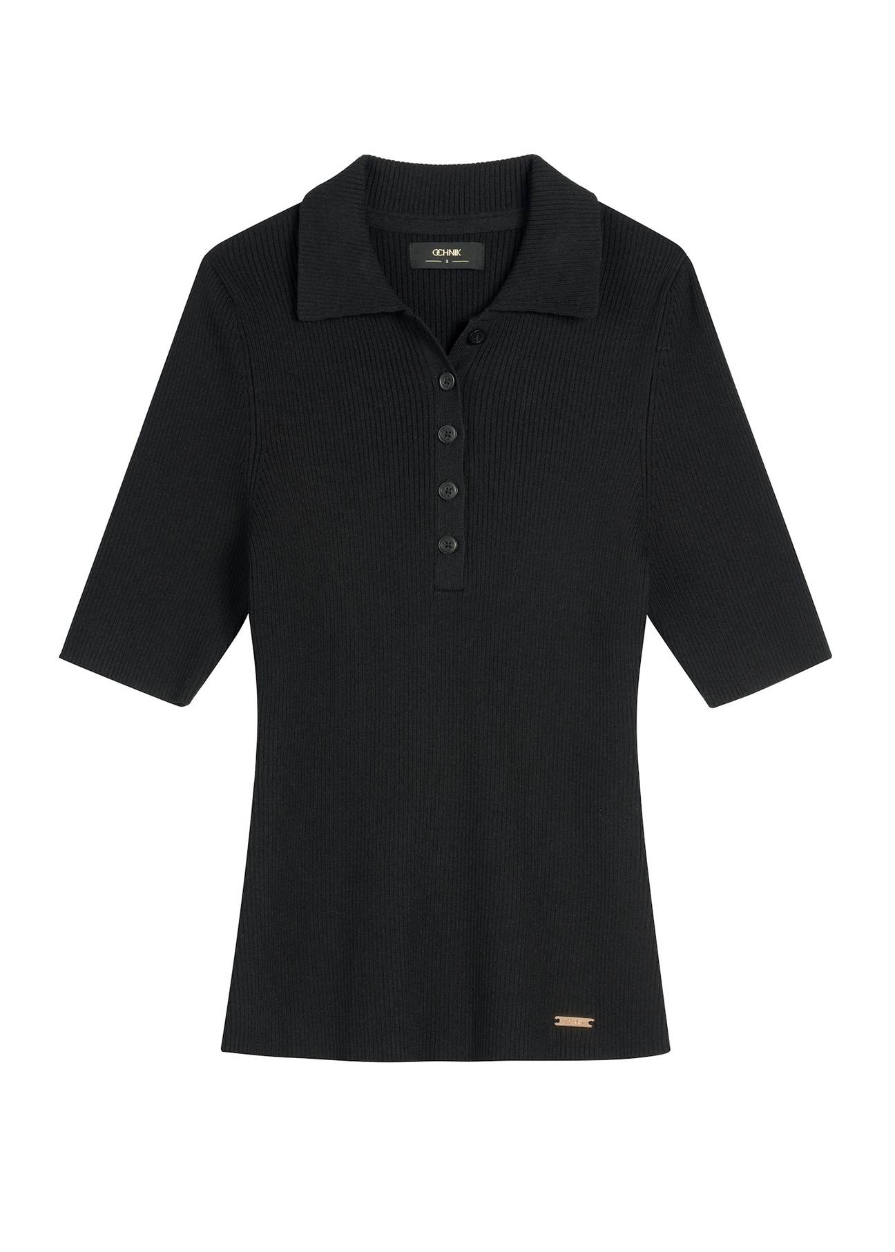 Жіноча блузка в рубчик з короткими рукавами BLUDT-0200-99(W26), вигляд виробу спереду на білому тлі.