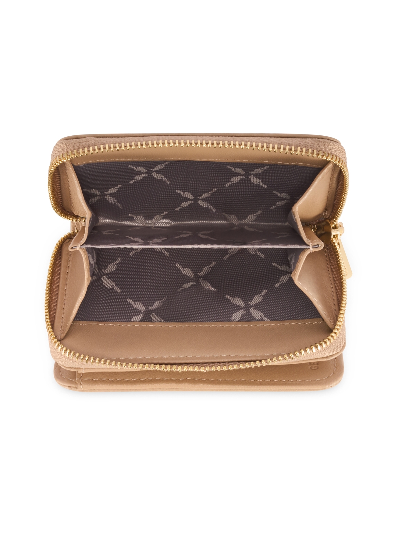 Маленький бежевий шкіряний жіночий гаманець PORES-0833R-1B(W26), вигляд товару всередині на білому тлі.