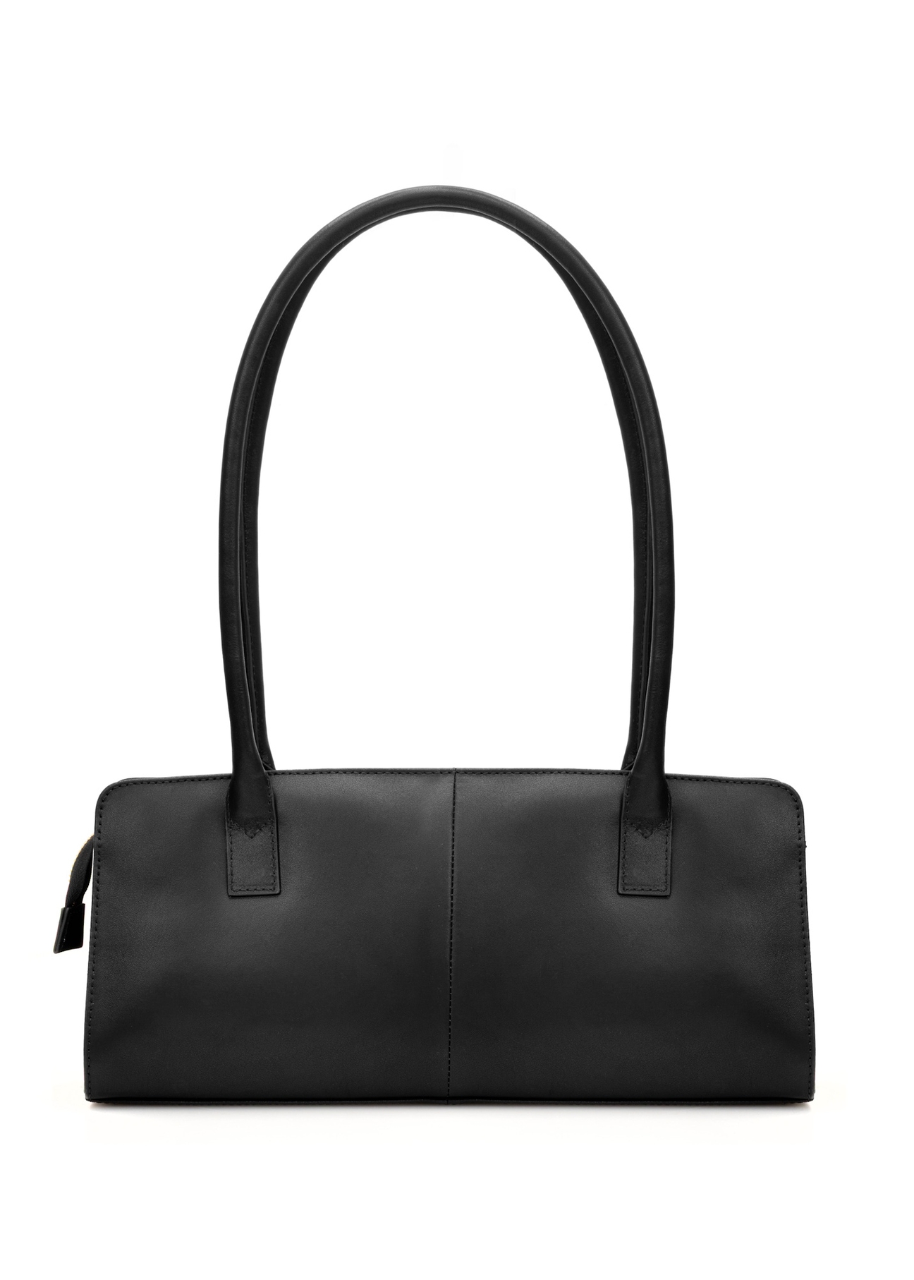 Чорна шкіряна жіноча сумка довгастої форми TORES-1259-99(W26), вигляд виробу зі зворотного боку на білому фоні.