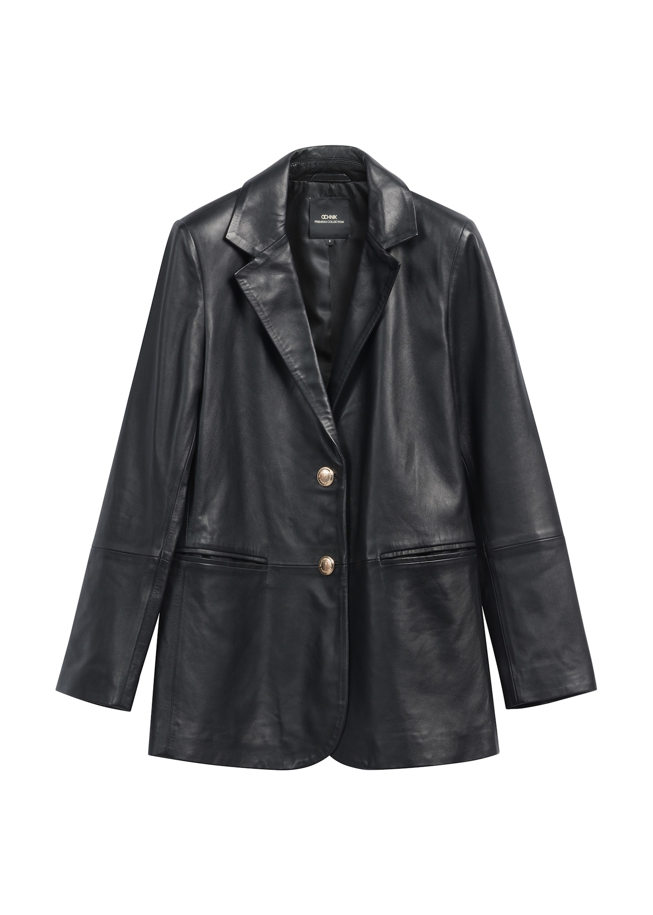 Жіноча чорна шкіряна куртка KURDS-0606-99(W26), вигляд виробу спереду на білому тлі.