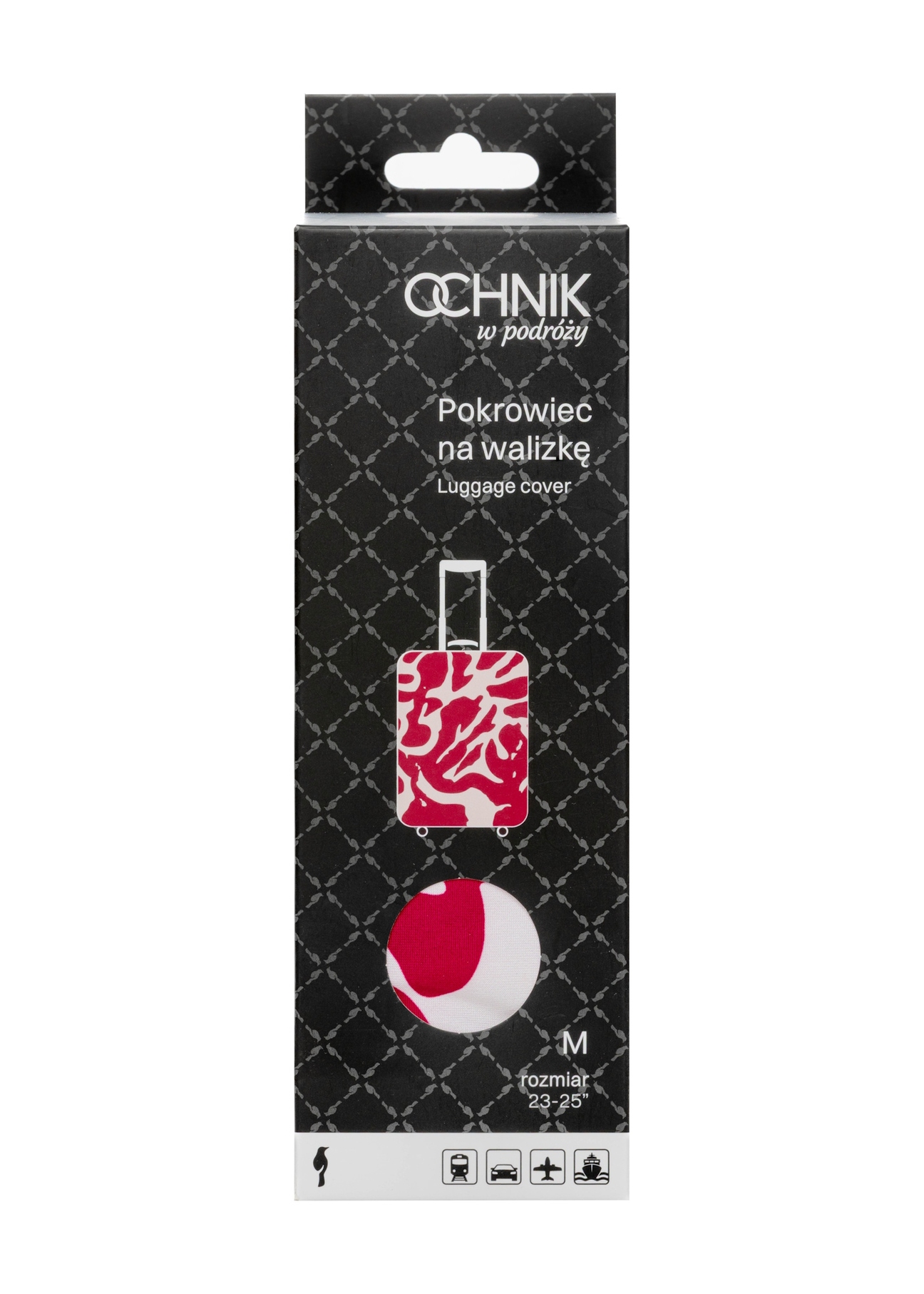 Рожевий чохол для великої валізи AW-013-0007-5P-L(W26), вигляд товару в упаковці на білому фоні.