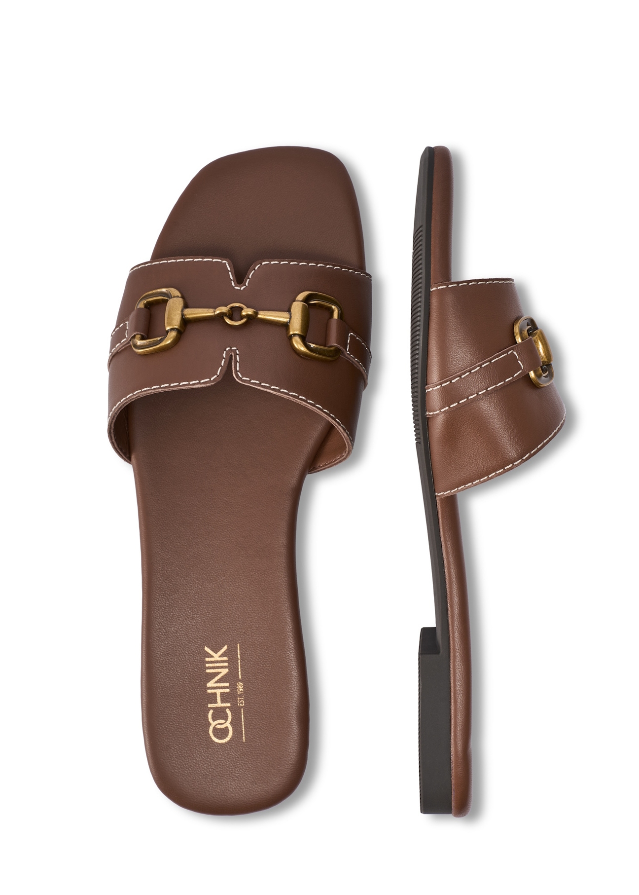 Жіночі шкіряні шльопанці кольору верблюжої шкіри BUTYD-1273-1D(W26), вигляд виробу зверху на білому фоні.