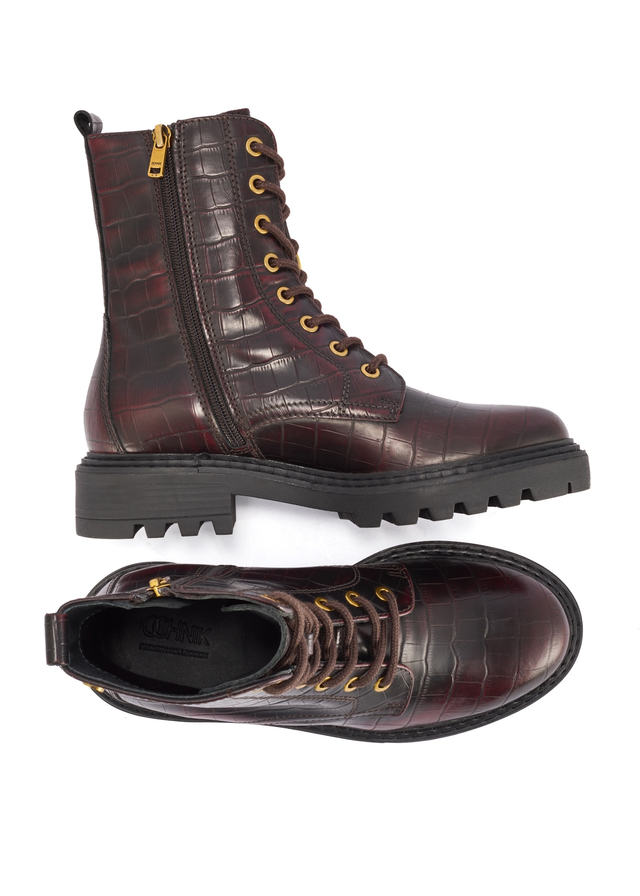 Бордові жіночі ботильйони з крокоподібної шкіри BUTYD-1192-90(Z25), вигляд виробу зверху на білому фоні.