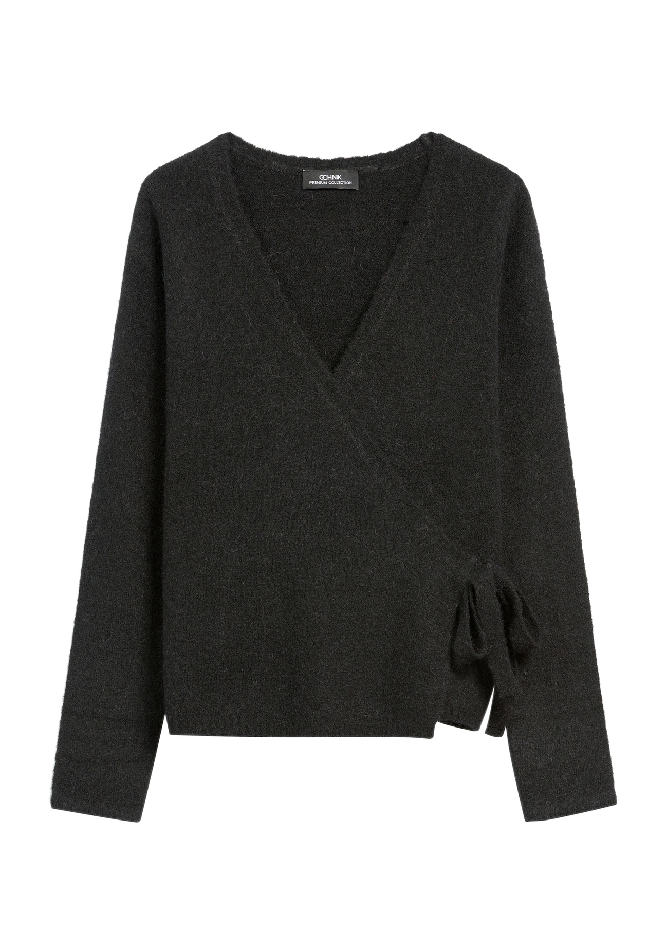 Чорний жіночий светр із зав'язками SWEDT-0234-99(Z25), вигляд виробу спереду на білому тлі.