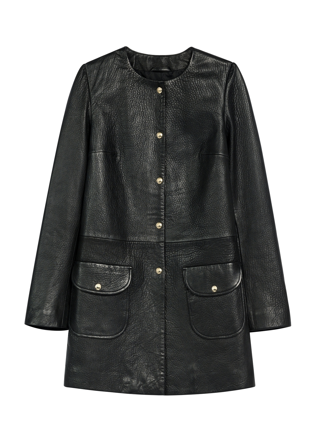 Чорна жіноча шкіряна куртка KURDS-0583-99(W26), вигляд виробу спереду на білому тлі.