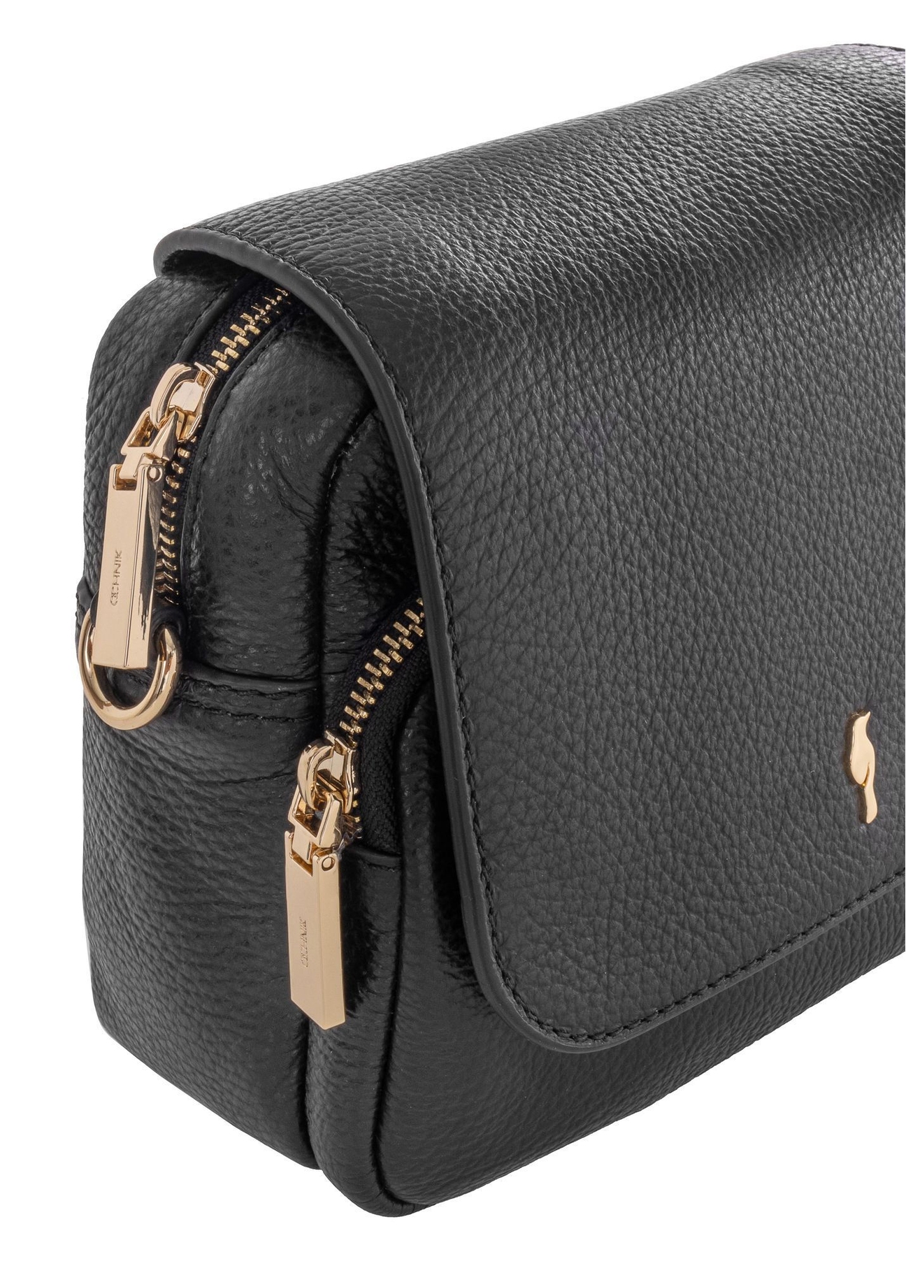 Чорна маленька шкіряна жіноча сумочка TORES-0958E-9I(W26), крупний план деталі виробу на білому фоні.