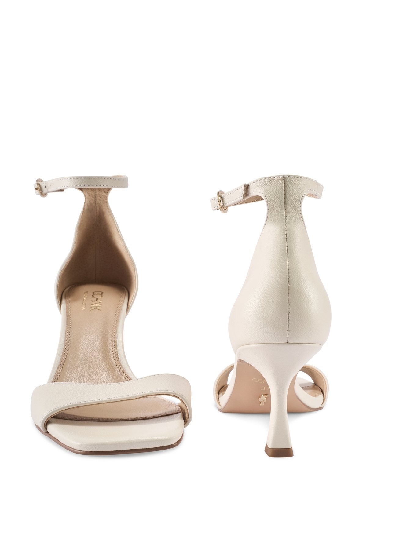 Кремові жіночі сандалі на високих підборах BUTYD-1229-0B(W26), вигляд виробу спереду та ззаду на білому тлі.
