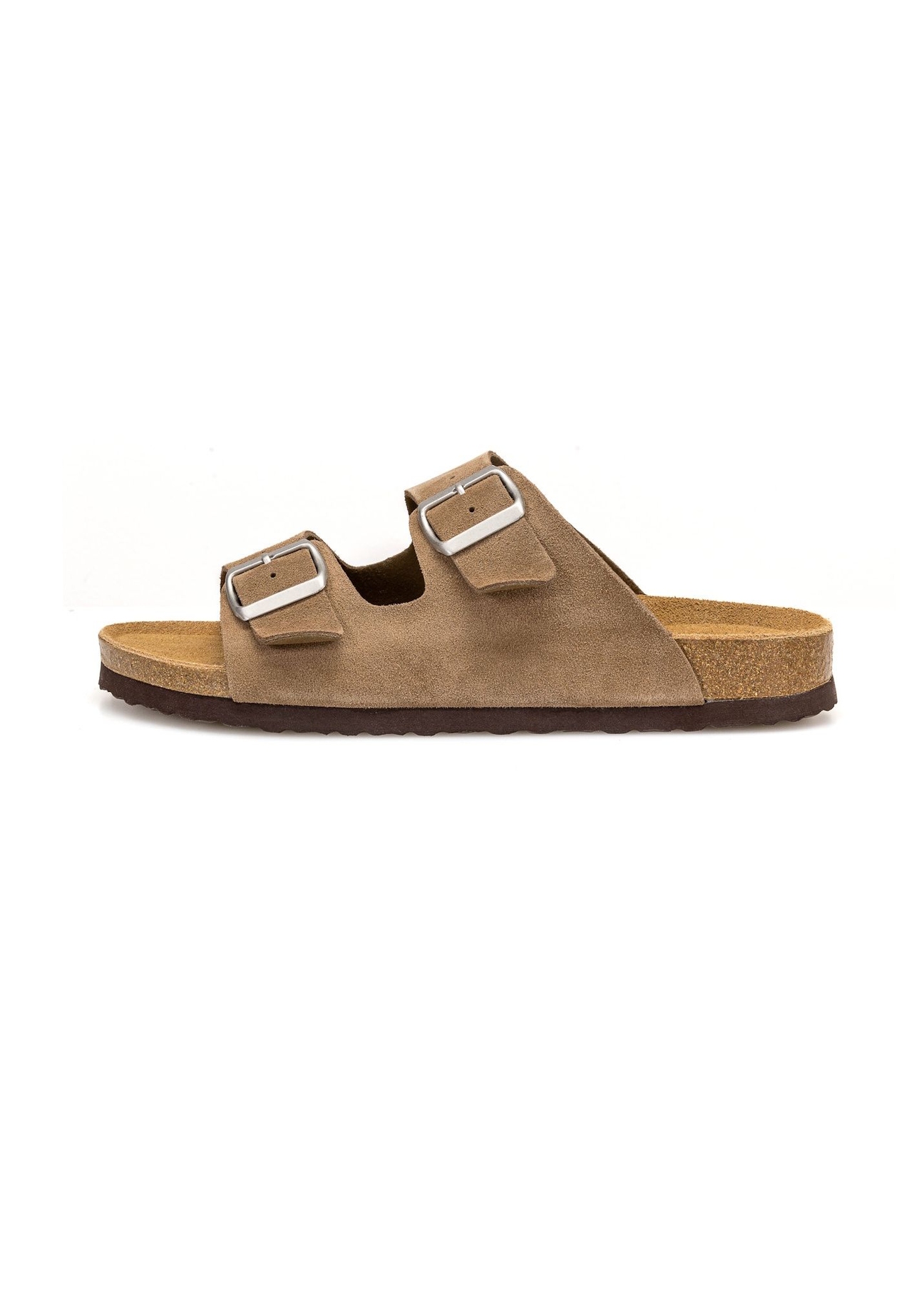 Чоловічі шкіряні шльопанці холодного бежевого кольору BUTYM-0495-1K(W26), вигляд виробу збоку на білому фоні.