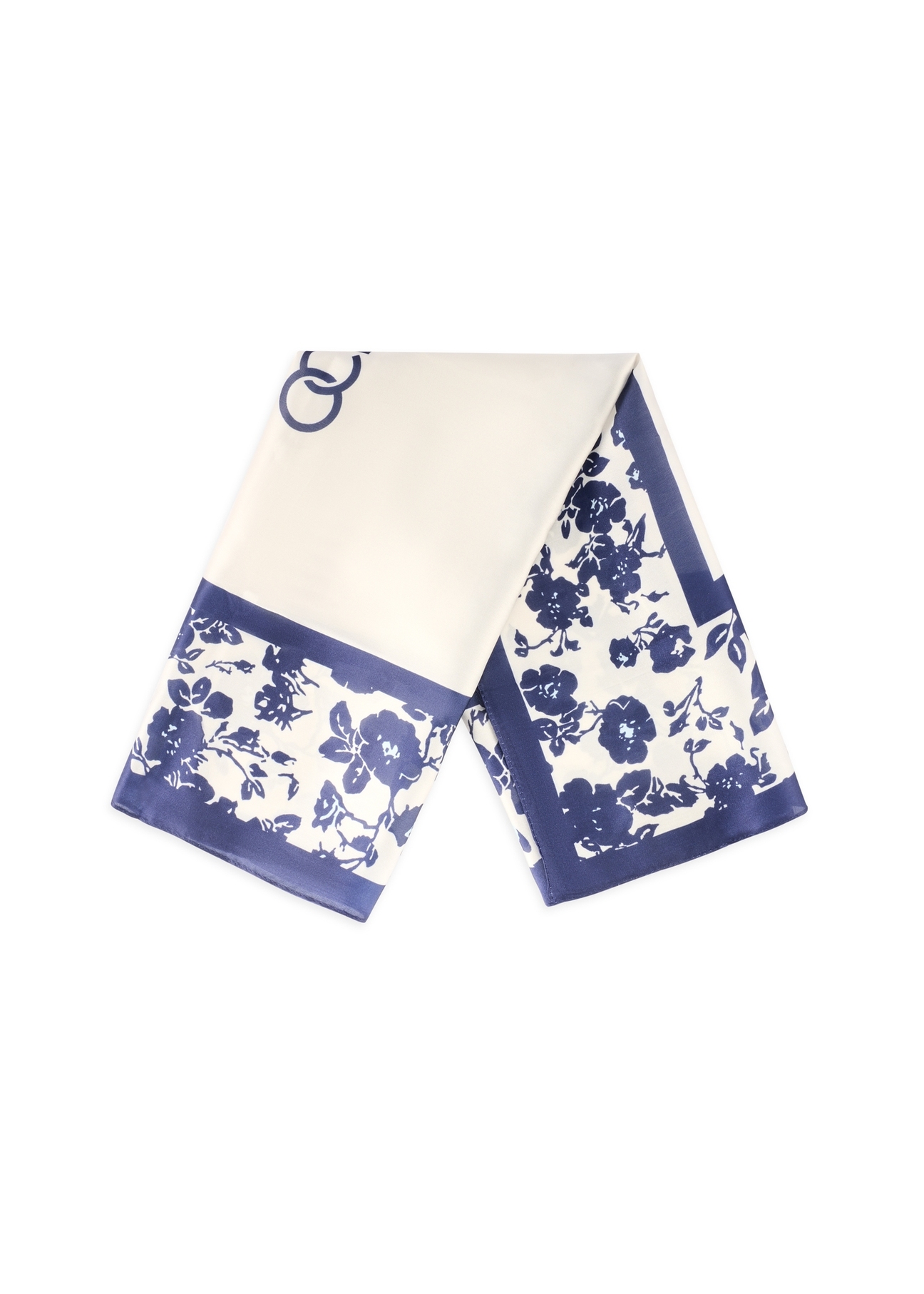 Синій жіночий шарф з квітковим принтом SZADT-0190-7P(W26), вигляд спереду складеного виробу на білому фоні.