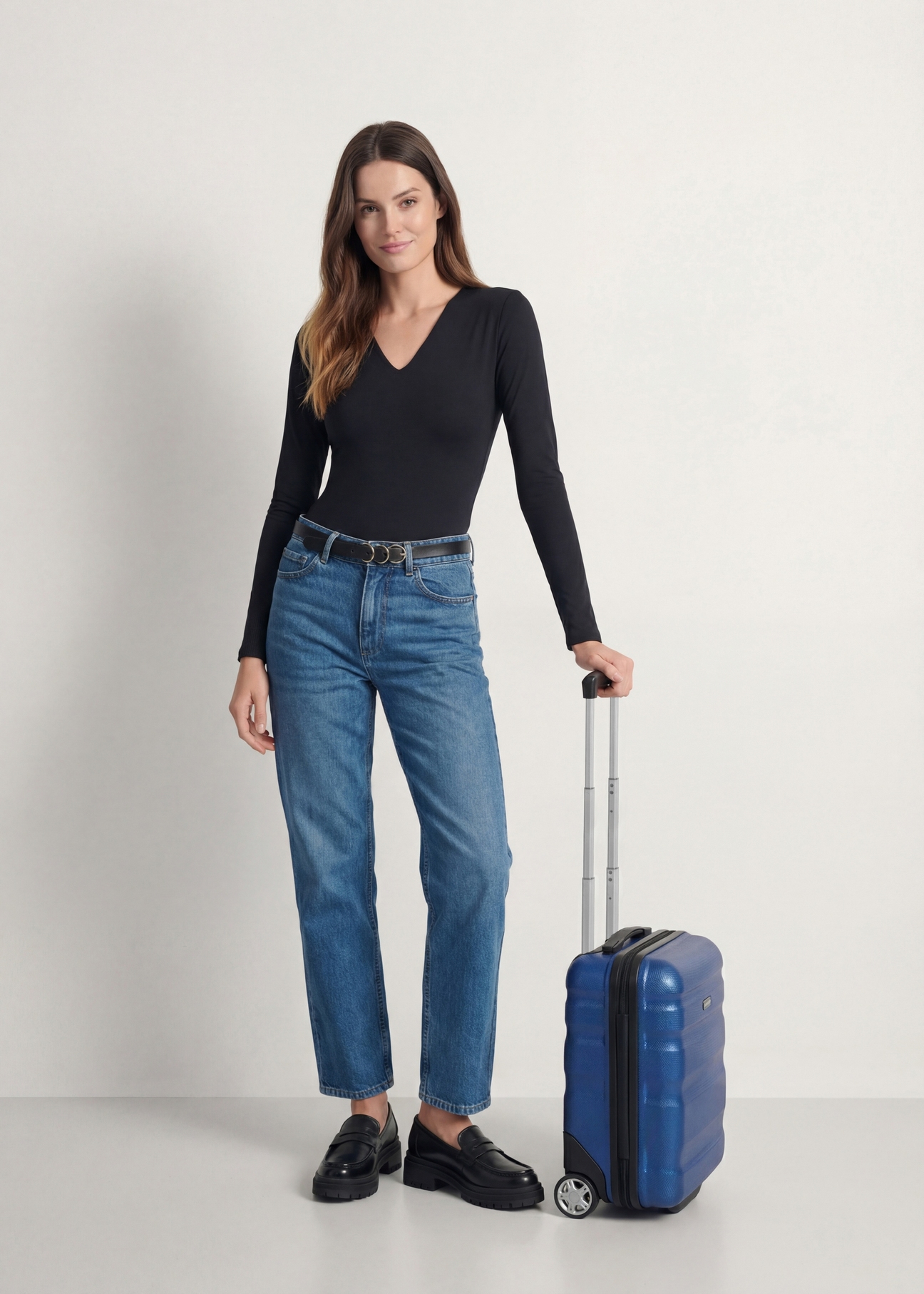 Валіза на колесах WALPC-0012-7C-16(W26), вигляд виробу збоку поруч із силуетом моделі.