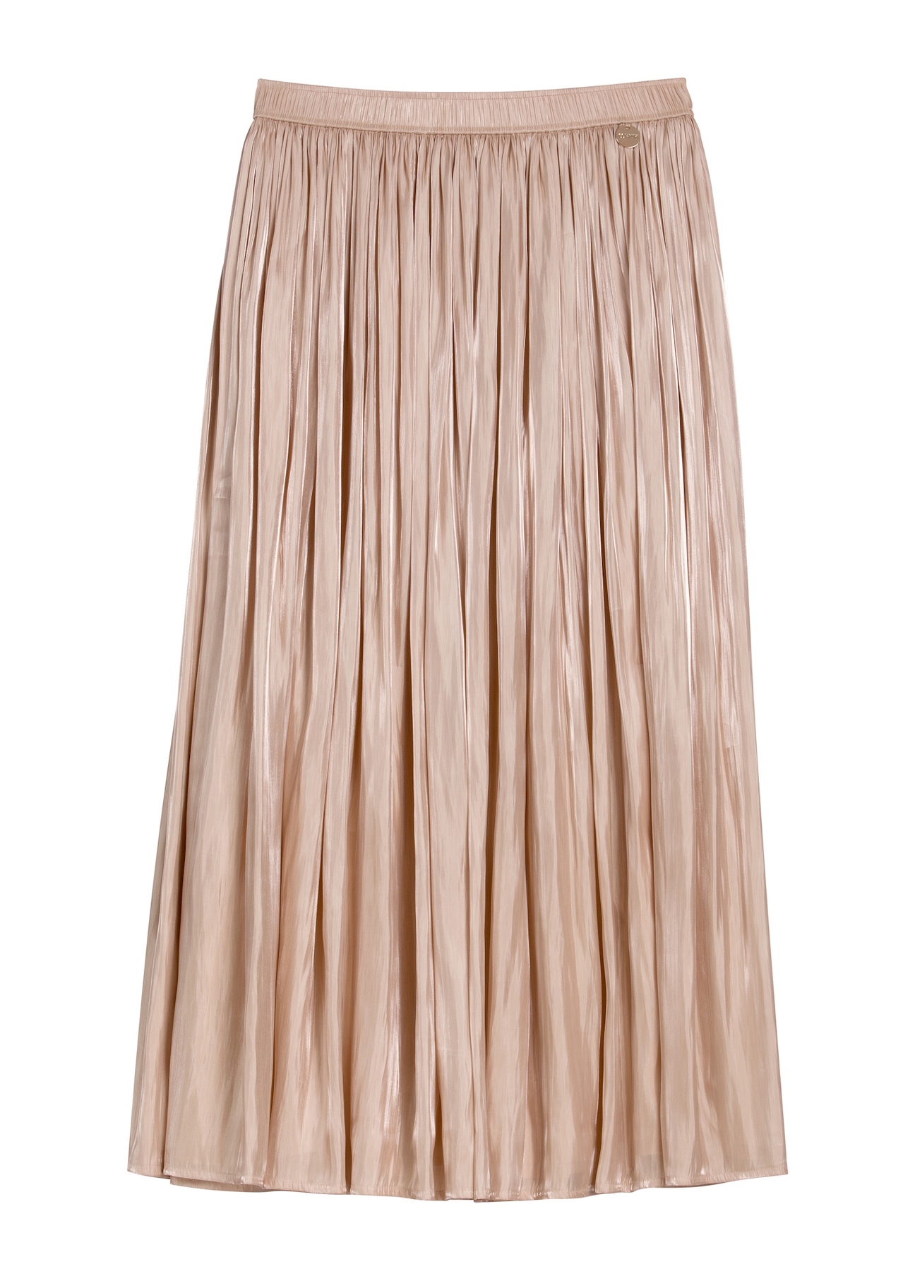 Жіноча блискуча спідниця міді SPCDT-0130-1B(W26), вигляд виробу спереду на білому тлі.