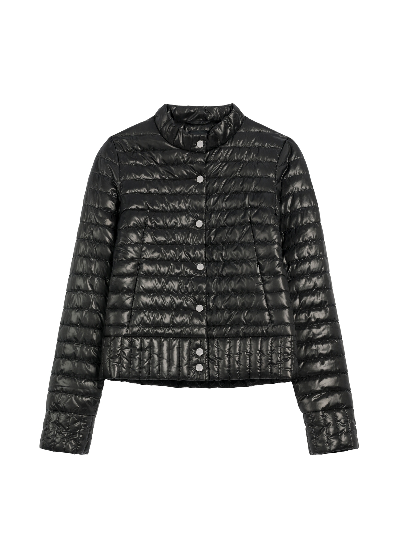 Жіноча чорна стьобана куртка зі стійкою KURDT-0441-99(Z25), вигляд виробу спереду на білому тлі.