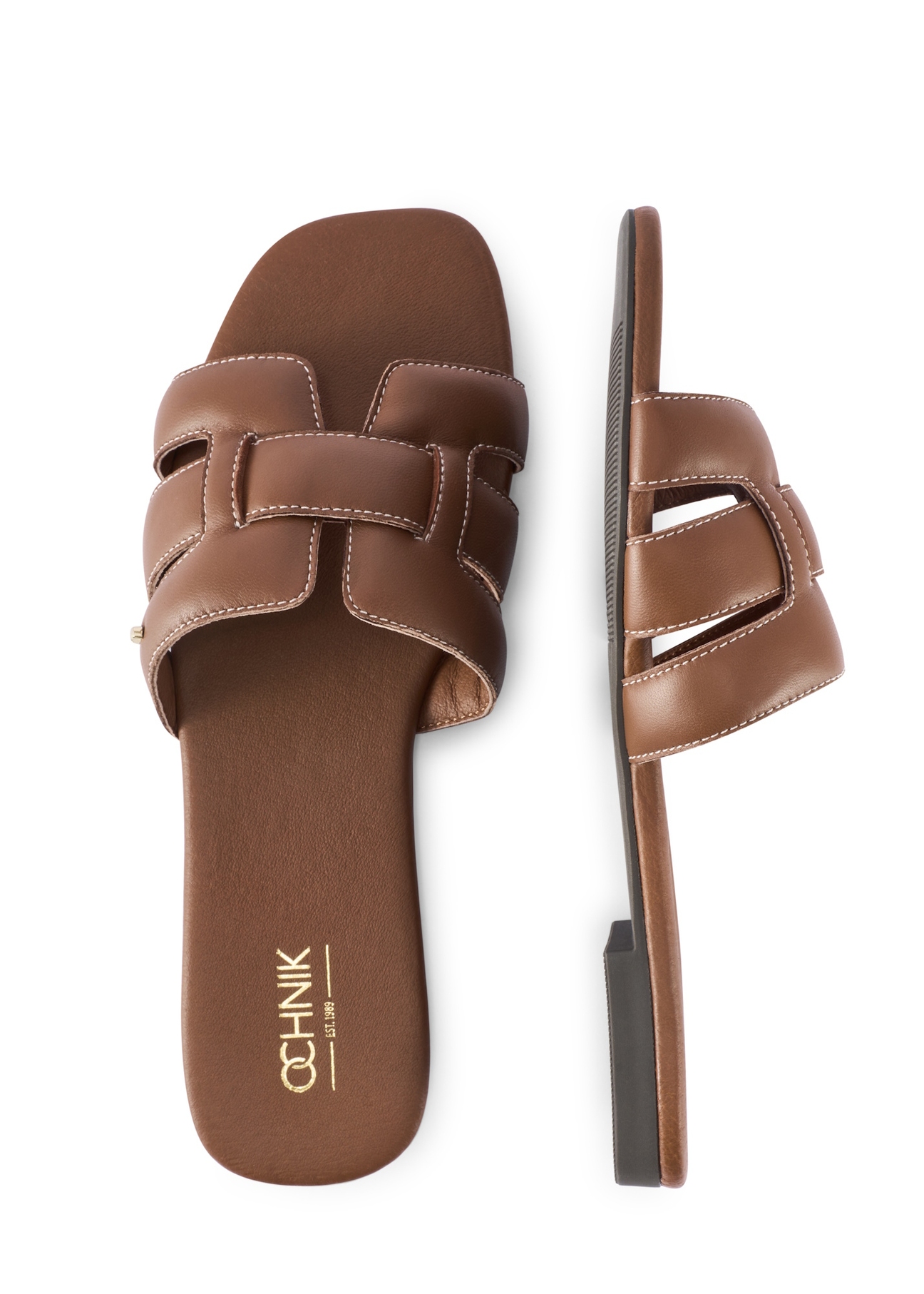 Жіночі шльопанці з верблюжої шкіри з тасьмою BUTYD-1225-1D(W26), вигляд виробу зверху на білому тлі.