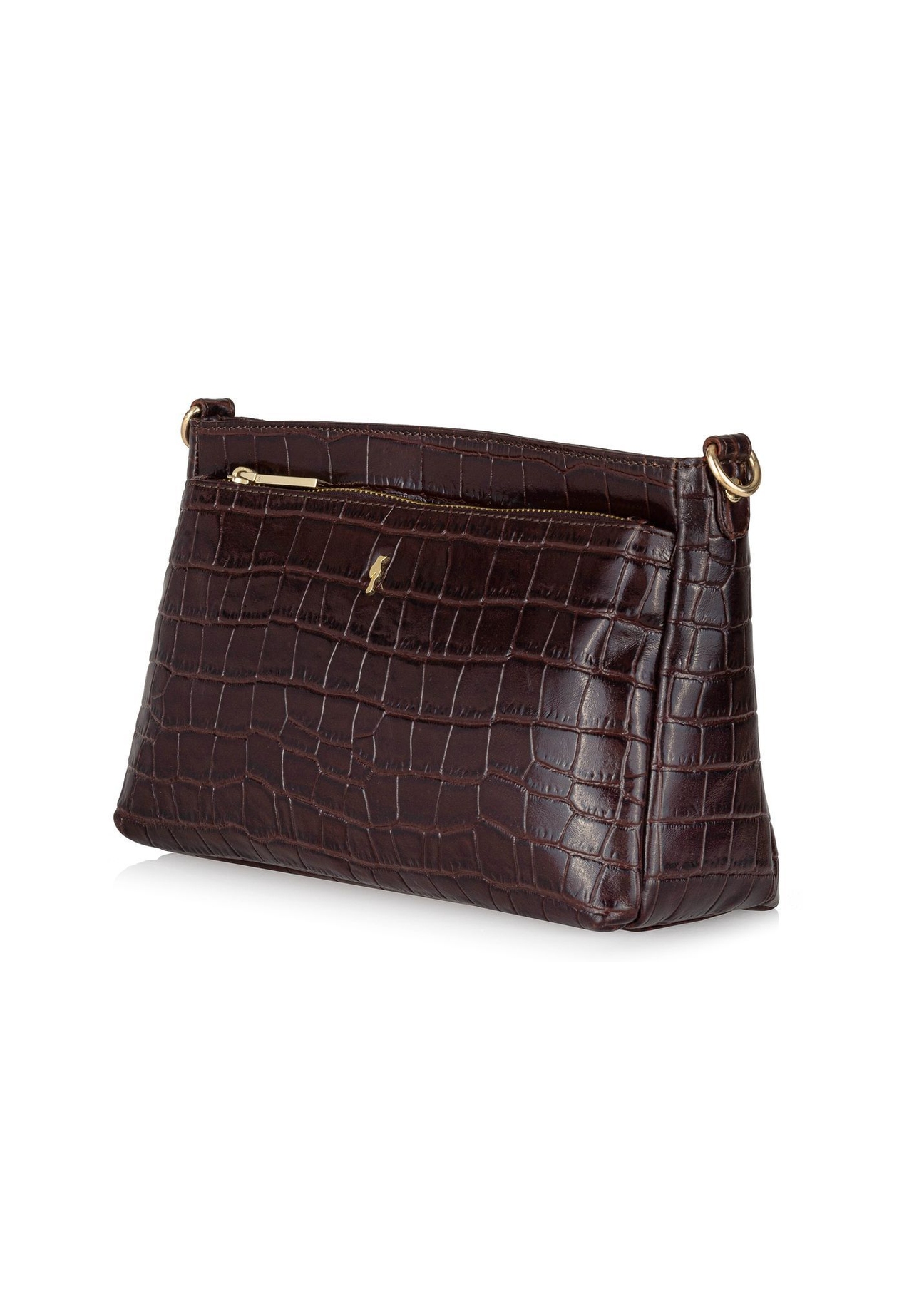 Шкіряна жіноча сумка-месенджер коричневого кольору TORES-0940E-89(Z25), діагональний вигляд виробу на білому тлі.