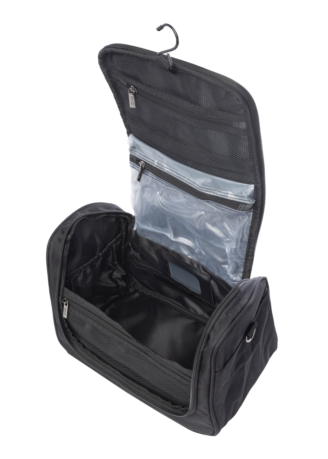 Чорна велика косметичка WALNY-0045-99-14(W26), вигляд продукту всередині на білому тлі.