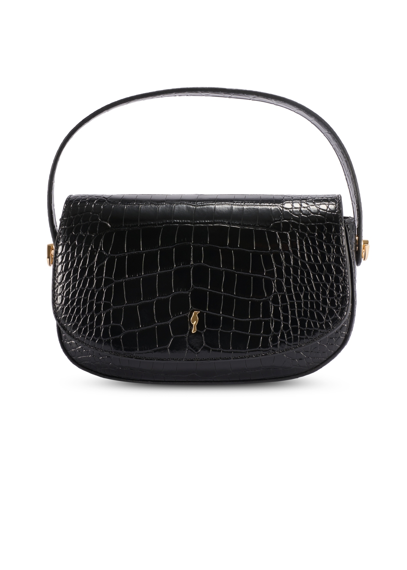 Маленька чорна жіноча сумка-месенджер з крокодилової шкіри TOREC-1185-9G(W26), вигляд виробу спереду на білому тлі.