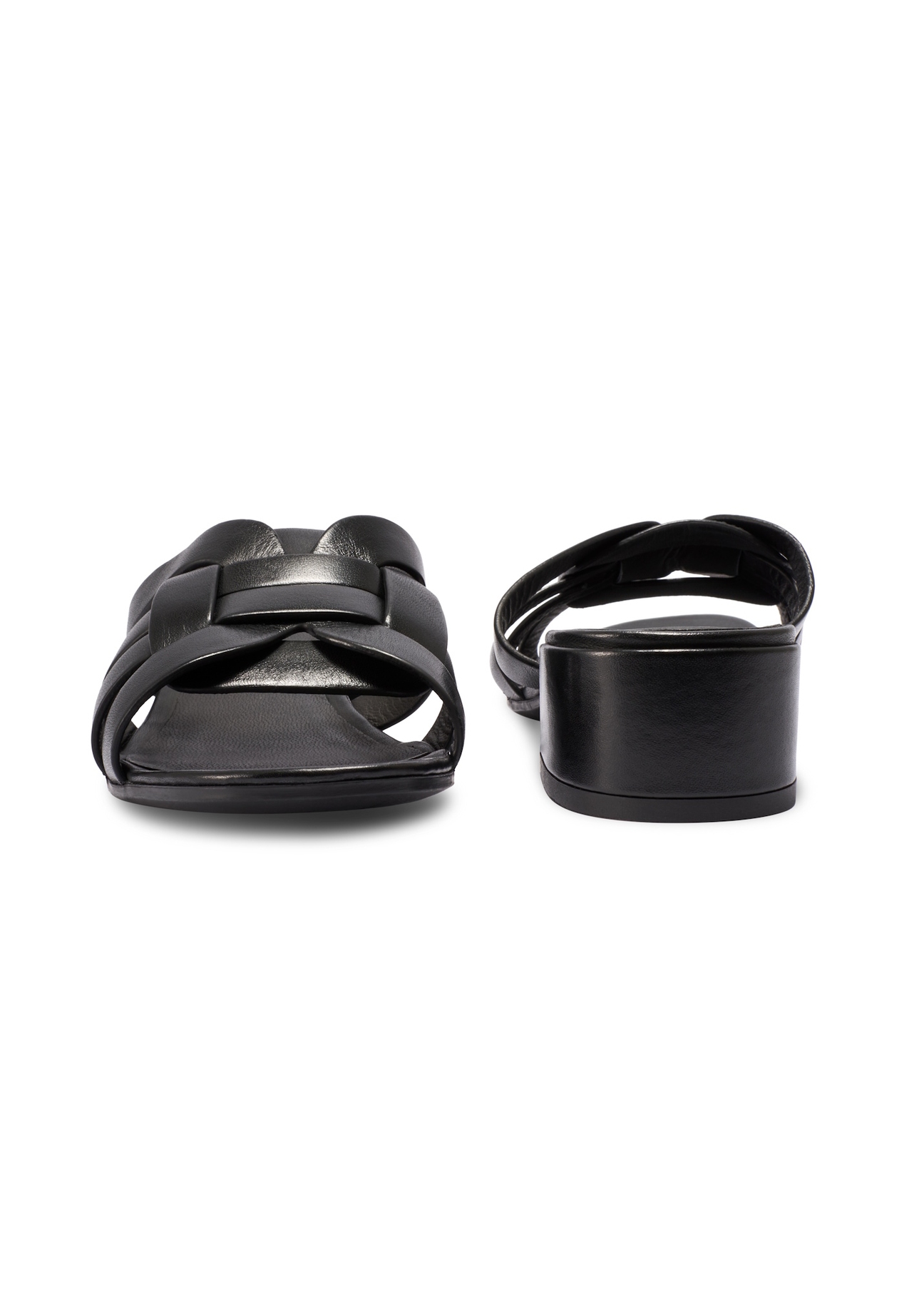 Жіночі шкіряні мюлі на блочному каблуці BUTYD-1265-99(W26), вигляд виробу спереду та ззаду на білому фоні.